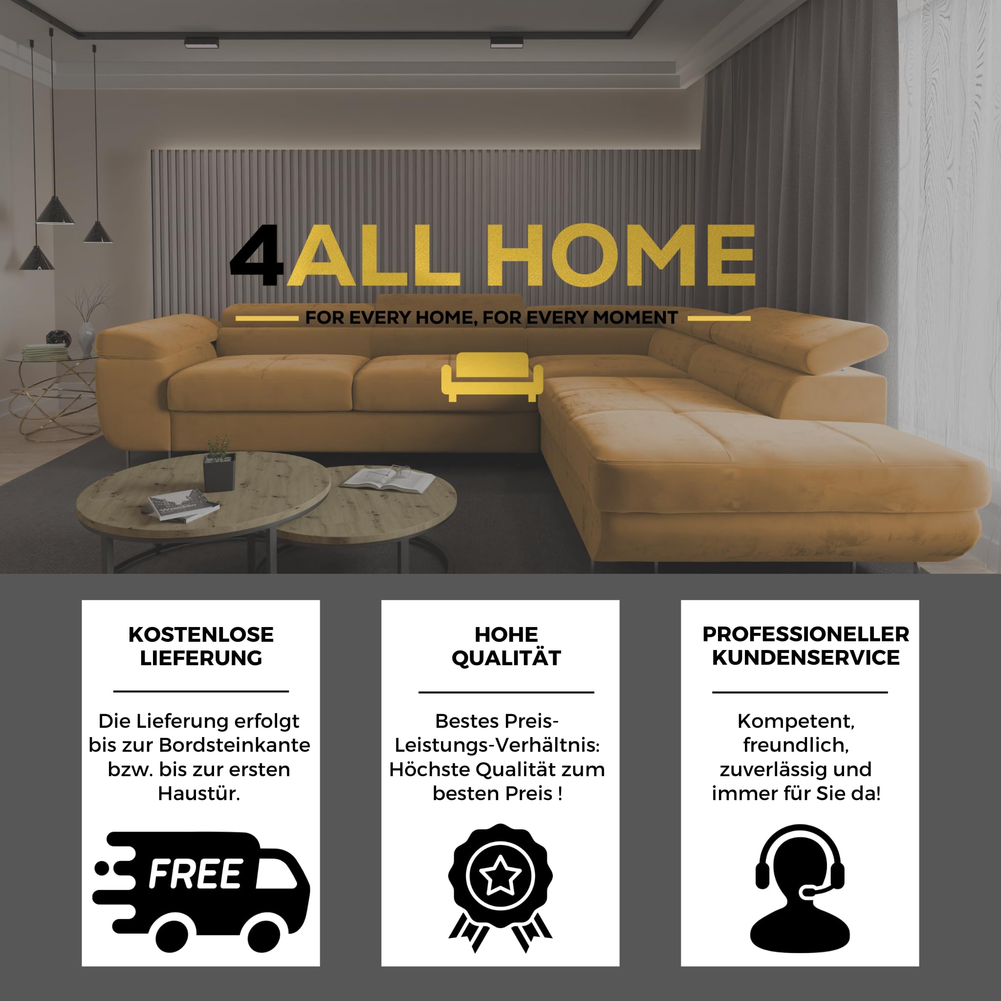 Ecksofa Luna mit Schlaffunktion und Bettkasten – 275x202 cm – verstellbare Kopfstützen – Liegefläche 193x125 cm – Couch – Schlafsofa – L-Sofa mit Stauraum (Monolith 48 Gold, Seite: Links)
