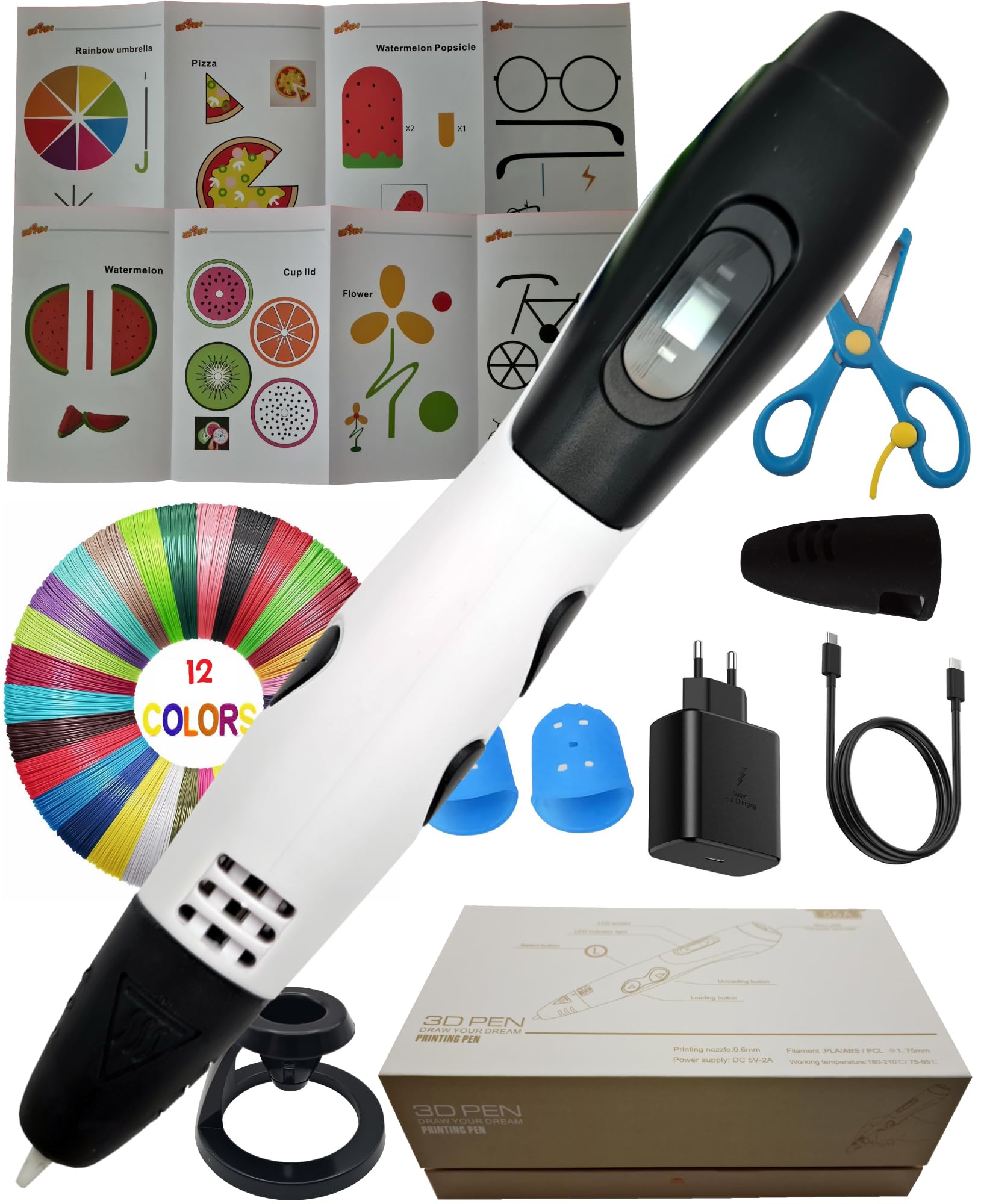 CAELLUMA Lápiz 3D para Niños con 12 Filamentos de Colores - Bolígrafo 3D para Niños con Pantalla LCD - Temperatura y Velocidad Ajustable - Plantillas para Pintar con Boli 3D para Niñas (Blanco)