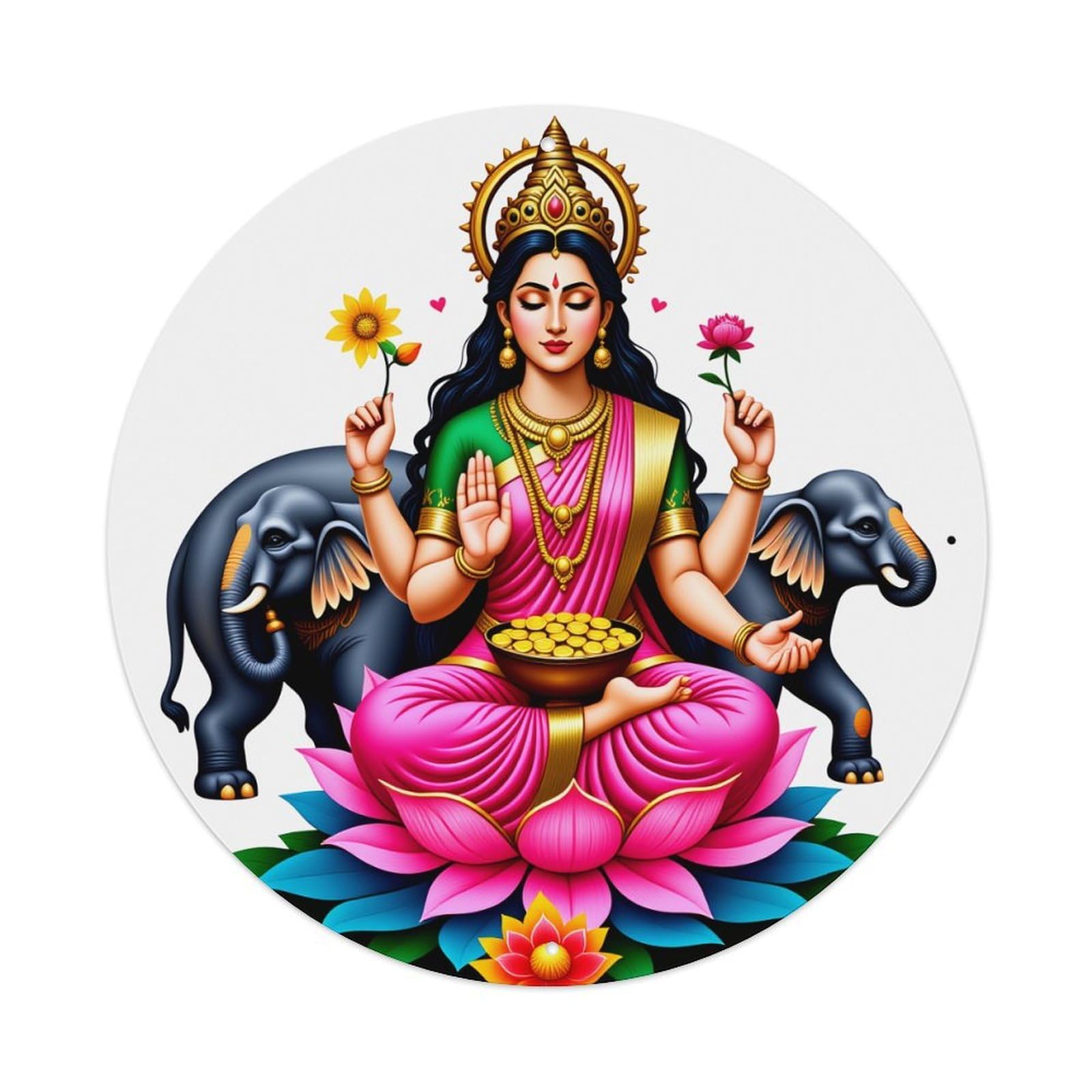Goddess Lakshmi Sitting Lotus Elephants Round Tin Sign Vintage Style Metal Sign Home Bar Garden Wall Plaque Decor Metal Poster 8x8 Inch