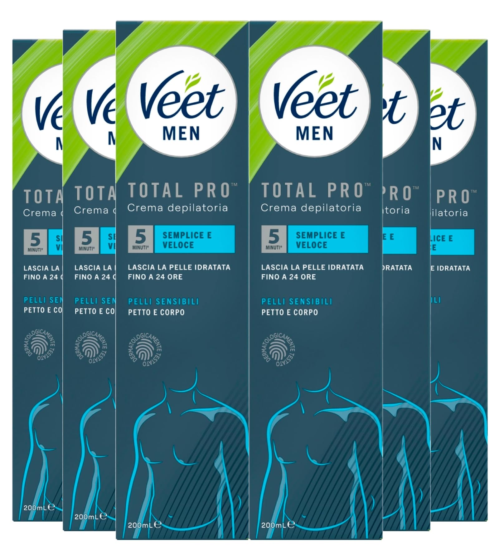 Veet Men Total Pro męski krem do depilacji do skóry wrażliwej, nawilżający i perfumowany z szpatułką do nakładania i usuwania kremu, 6 butelek po 200 ml