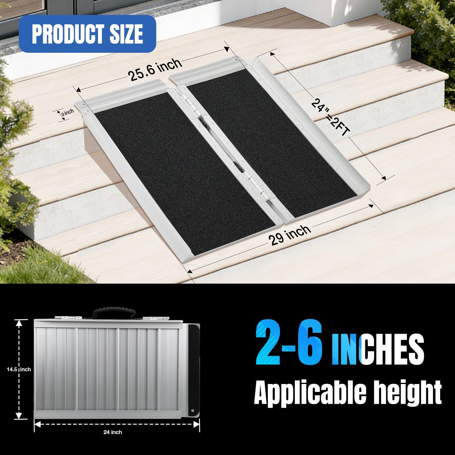 Nilight 2 Feet Portable Wheelchair Ramp with Quick-Lock Non-Skid Aluminum Handicap Ramps with Handle Folding Threshold Ramp for Home Steps, Stairs, Doorways, Scooter, Porch, Cart 800LBS Capacity