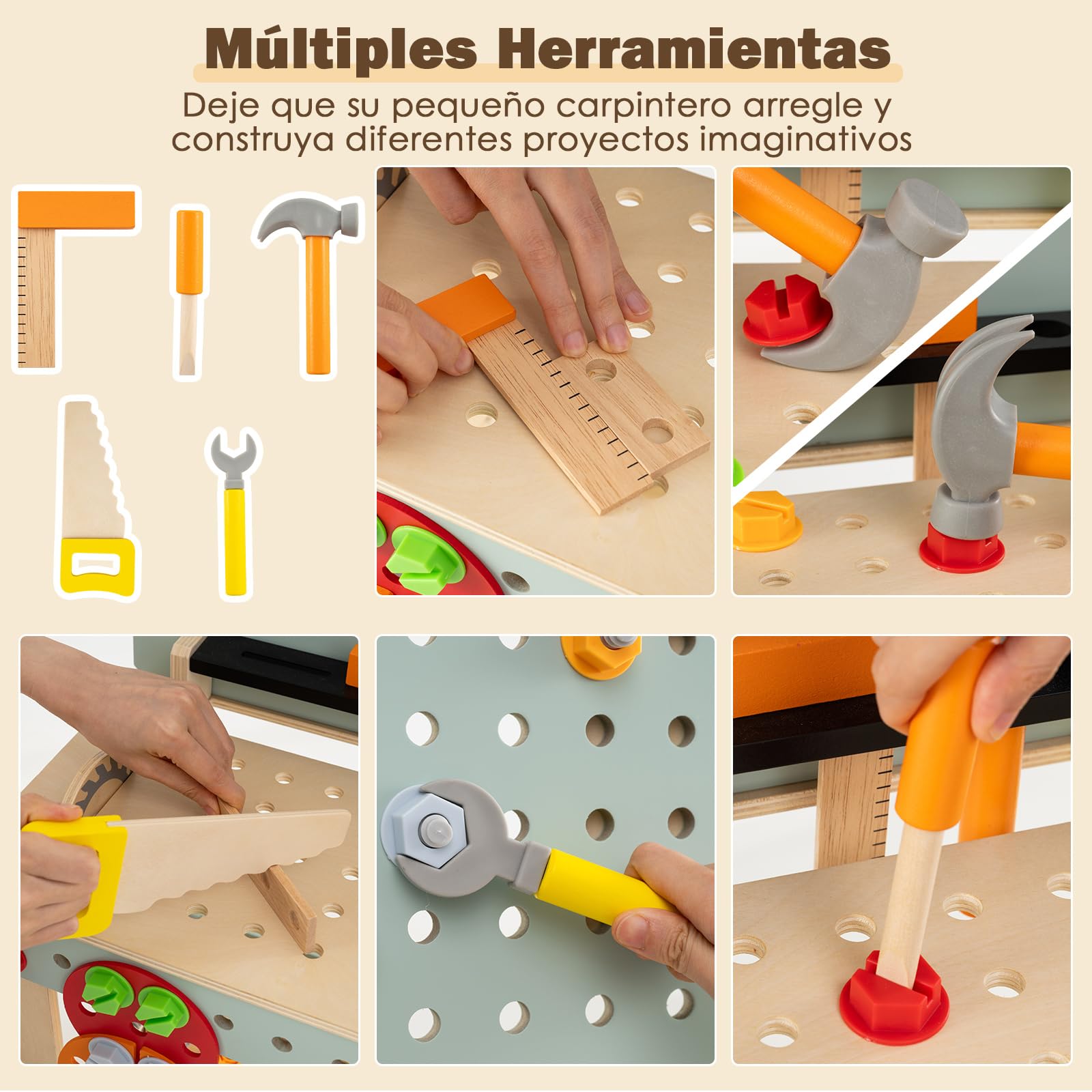 COSTWAY Banco de Herramientas de Madera para Niños, Mesa Juguete Montessori con Juego de Herramientas y Gran Espacio de Almacenamiento, Juego Educativo para Niños de 3+ Años