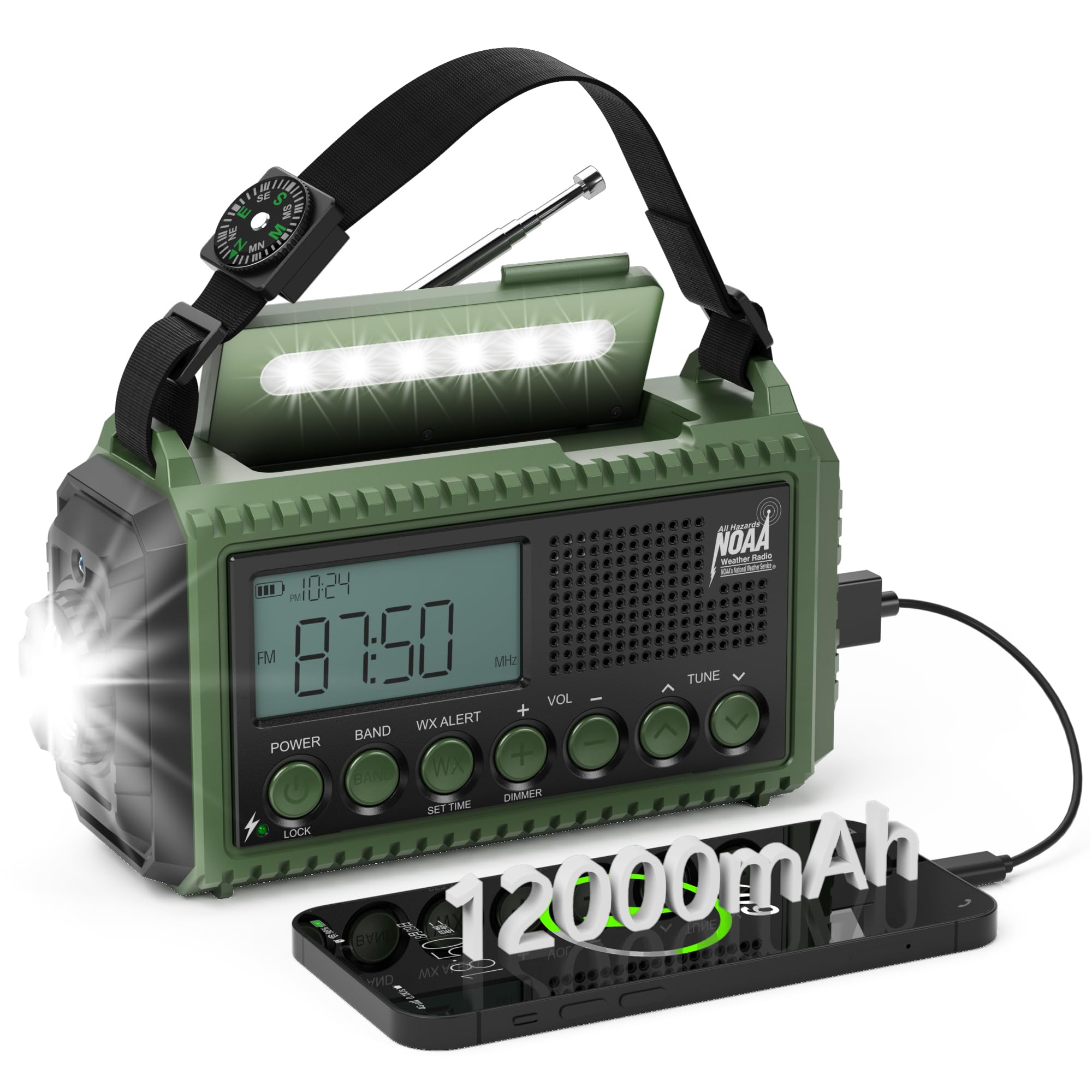 Roxicosly Radio de emergencia AM/FM/SW - Radio solar portátil con batería de 12000 mAh, pantalla LCD, linterna y luz de lectura, USB, alarma SOS, manivela de mano, equipo de emergencia para camping,