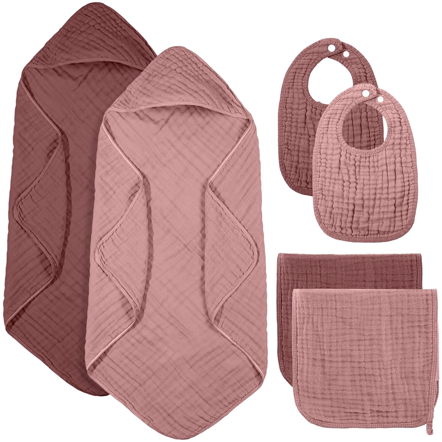 Hahafelt 6 Pcs Muslin Hooded Bath Towels Washcloths and Bibs Set, Muslin Cotton Baby Towels Absorbent Hooded Blanket Towel Infant Bibs for Boys Girls Newborn Infant Essential (Dusty Rose, Deep Rose)