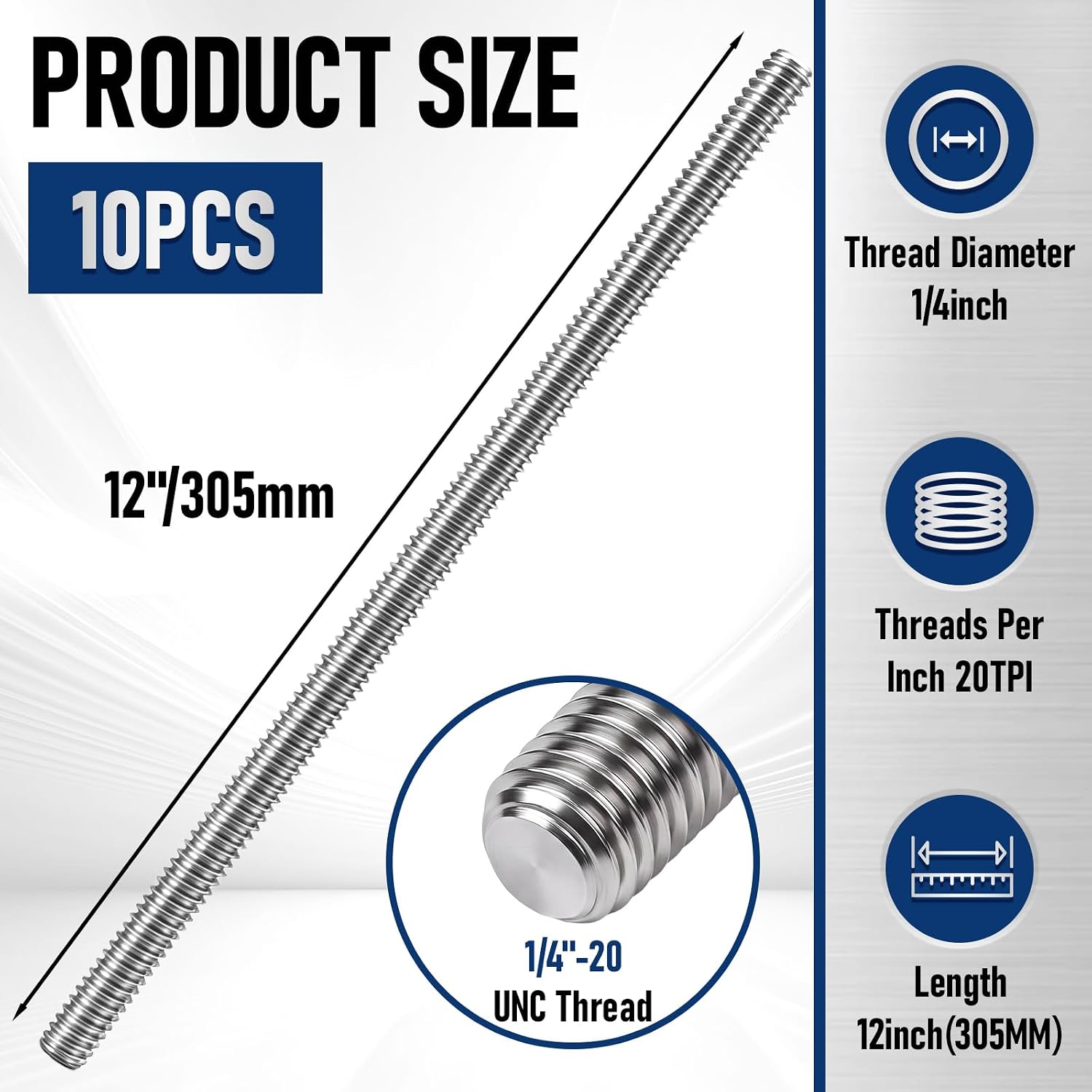 10 Pcs 304 Stainless Steel 1/4" -20 Fully Threaded Rod, 12" Length Long Threaded Rods for Furniture Anchor Bolts, Clamps, Hangers and U-Bolts