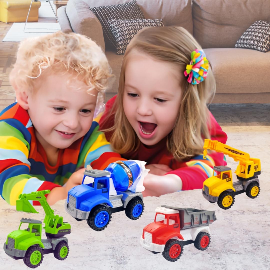 PLUSPOINT Construction Vehicle Trucks Friction Powered City Builder Series of Mixer, Excavator, Crane, Dumper Set of 4 Pretend Play Vehicles for Kids (4pc City Builder)- Multi Color 4