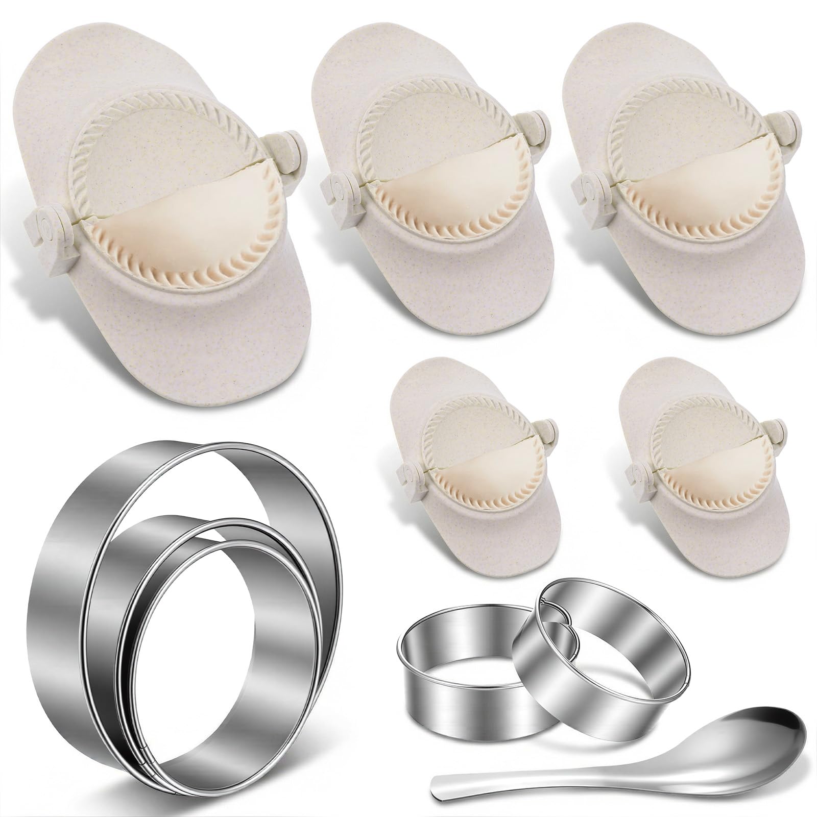 Photo 1 of 11 Piece Dumpling Maker Kit, Empanada Maker Press Set with Dough Cutter & Spoon, Dumpling Empanada Mold for Pierogi, Pastelitos, Calzone, Ravioli, Turnovers, Chinese Dumpling (4"+3"+2.6", Beige)