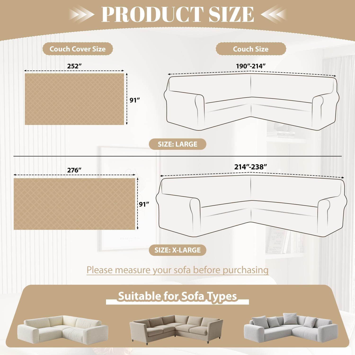 Waterproof Sectional Couch Covers Sectional Sofa Cover L Shaped Corner Sofa Slipcovers Blanket for Dogs Pets Washable Jacquard Quilted L Shape Furniture Protector (75x252 in, Beige)