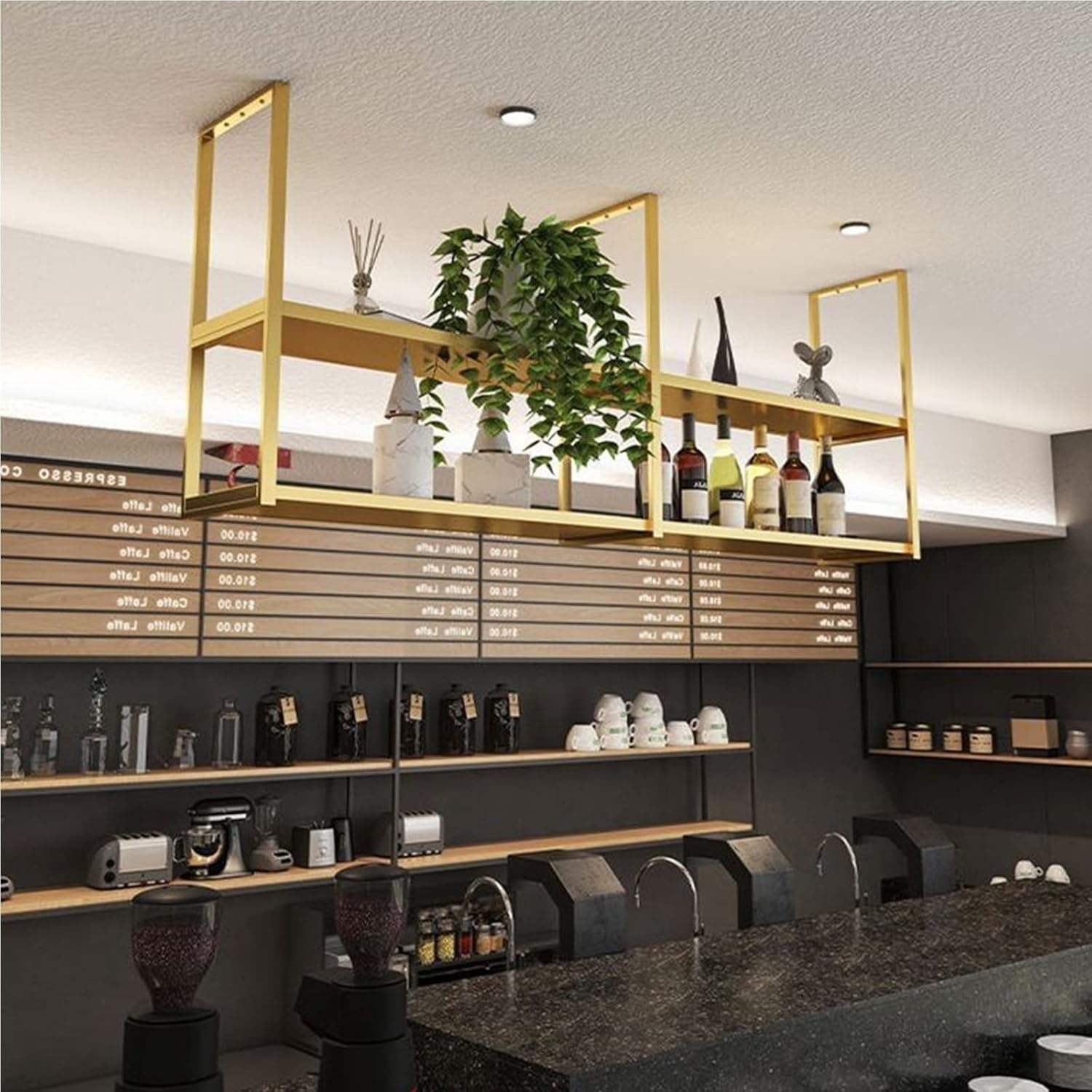 Ceiling Shelf - 2 Tier Hanging Wine Rack, Wall Mounted Wrought Iron Storage Mount Display Stand, Dining Room/Bar/Kitchen Decorative Easy to Install (Gold 60 * 30 * 80cm(24 * 12 * 31 in))