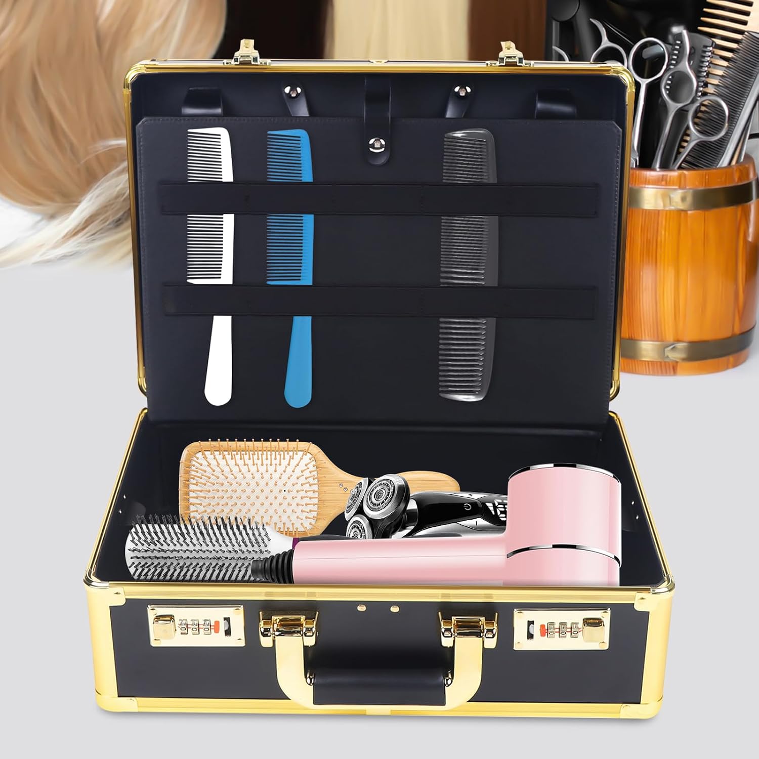 Professional Hairdressing Toolbox, 15.75"x11"x6.2" Portable Barber Carrying Case with Lock Barber Tool Organizer Box Travel Stylist Tool Box Organizer for Clippers and Supplies Barbers(Gold)