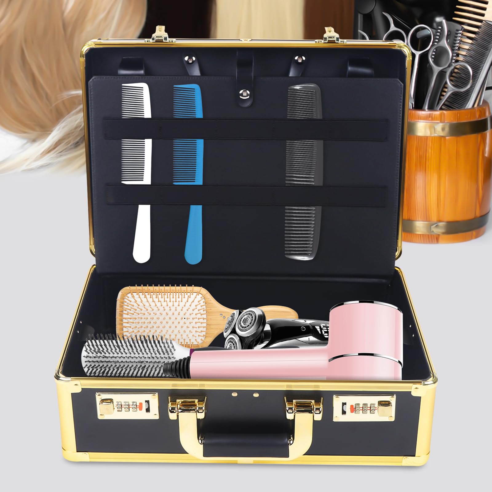 HuaShuani Barber Beauty Salon Tool Kits, Hairdresser Suitcase Travel Code Case, Portable Tool Organizer, Suitable for Organizing Scissors, Trimmers, Combs, Brushes and Other Styling Tools (Gold)