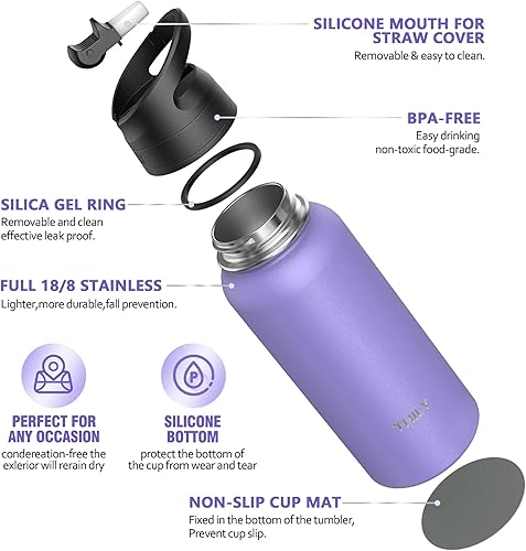 Miniatura 21 de THILY Botella de agua aislada de acero inoxidable con triple aislamiento, 32 onzas, botella de agua de boca ancha a prueba de fugas con 2 tapas