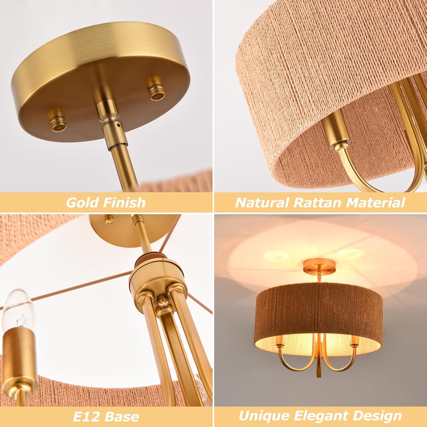 Maxax 17.5" Boho Ceiling Light Fixture, Rattan Semi Flush Mount Chandelier with 3 Light Gold Base, Wood-Tone Wicker Lampshade, 60W