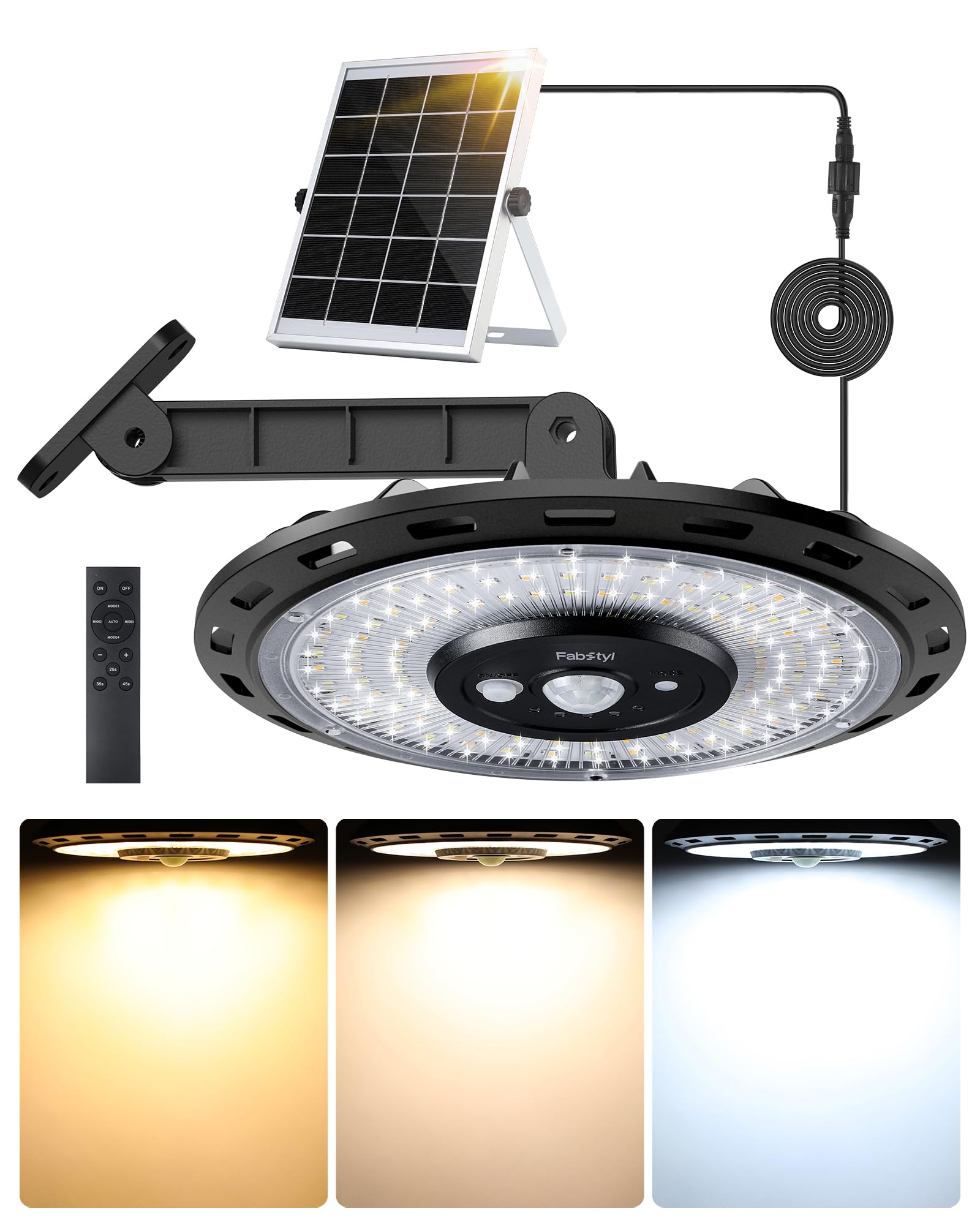 FabStyl Solarlampen für Außen Innen Garten Hängend mit Bewegungsmelder, 3000LM IP65 Wasserdicht & 3 Farbtemperaturen, Solarlampe für Decke Terrasse Garage- 4200mAh, 5 Modi