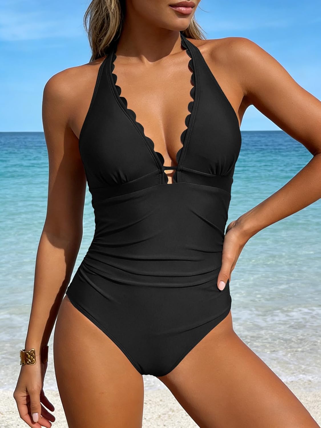 Aidonger Women's One Piece Halter Swimsuit Tummy Control Ruched Slimming Bathing Suit Scalloped Swimwear