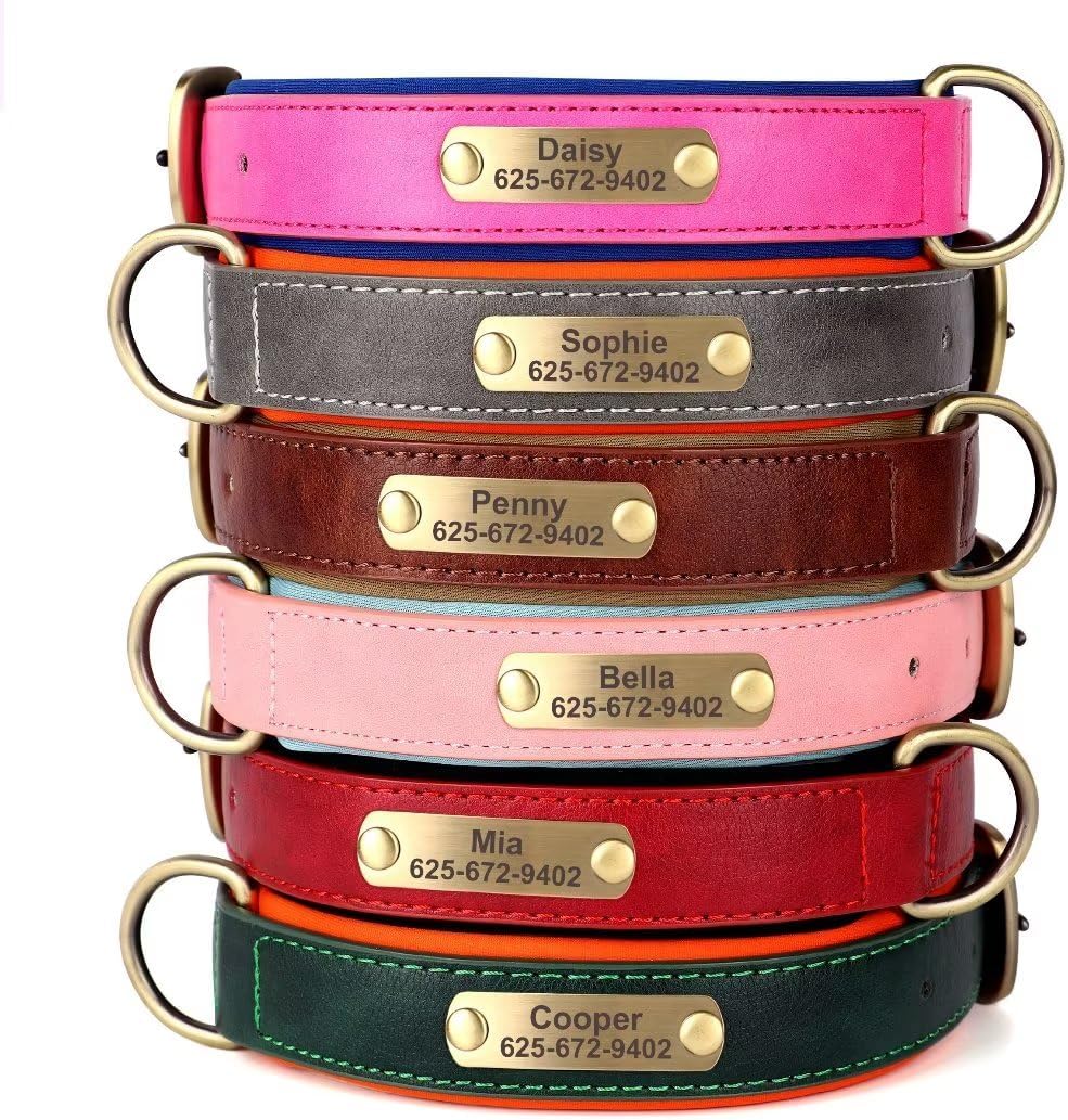 KINYABLUEKINYABLUE Personalized Dog Collars, Soft Neoprene Padded Leather Dog Collar, Custom Dog Collar with Name Plate, Adjustable Heavy Duty Pink Dog Collar for Small Dogs, Leather Leash Available, S