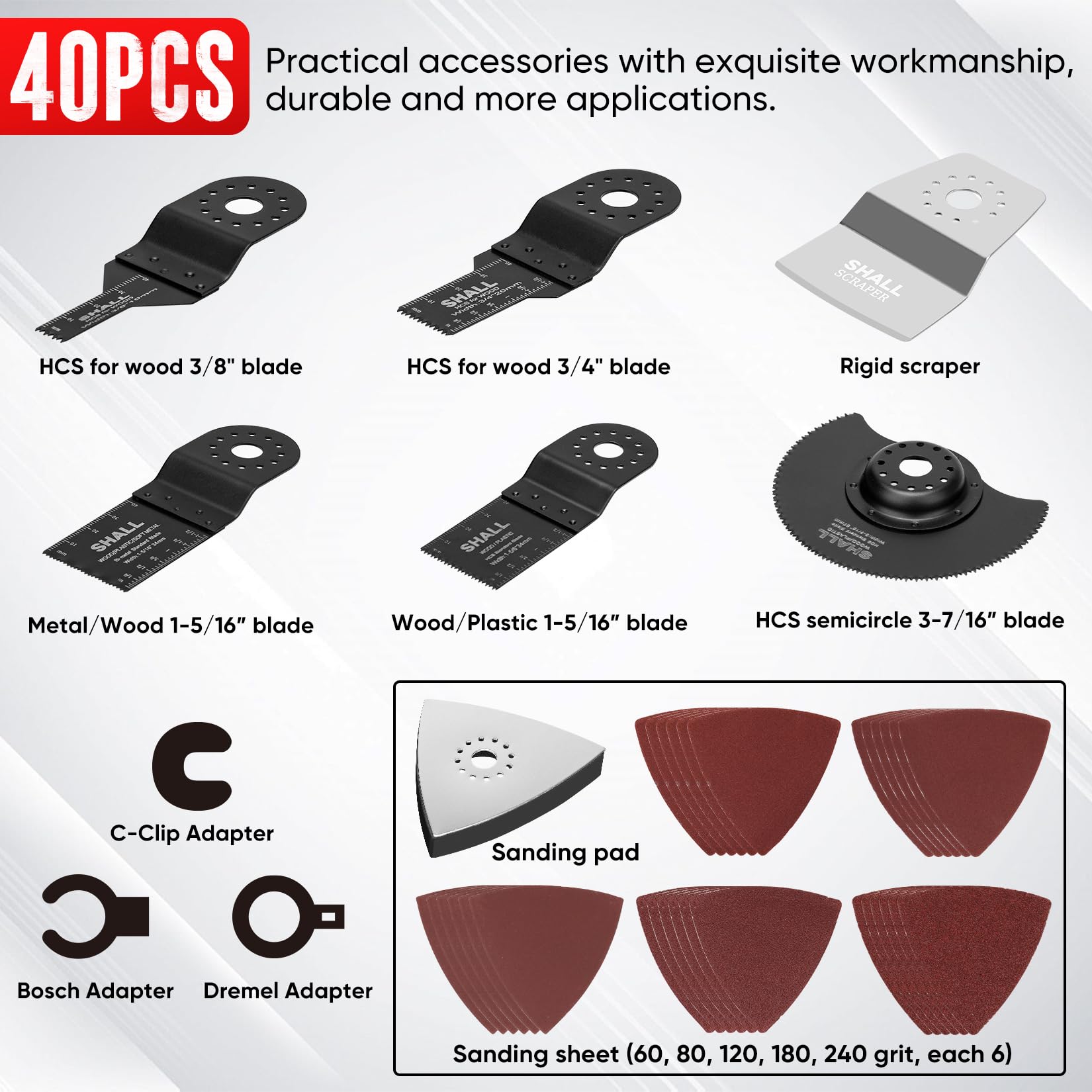 SHALL Oszillationswerkzeug, 300-W-Oszillations-Multitool-Set mit 3°-Schwenkwinkel, Schnellwechsel- und Rückschlagschutz, 6 Geschwindigkeitsstufen, Zusatzhandgriff, 40-teiligem Sägenzubehör