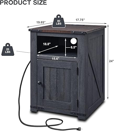Miniatura 2 de SinCiDo Mesita de noche de granja con estación de carga, mesa auxiliar rústica de 20 pulgadas con puerta de granero, mesita de noche auxiliar de