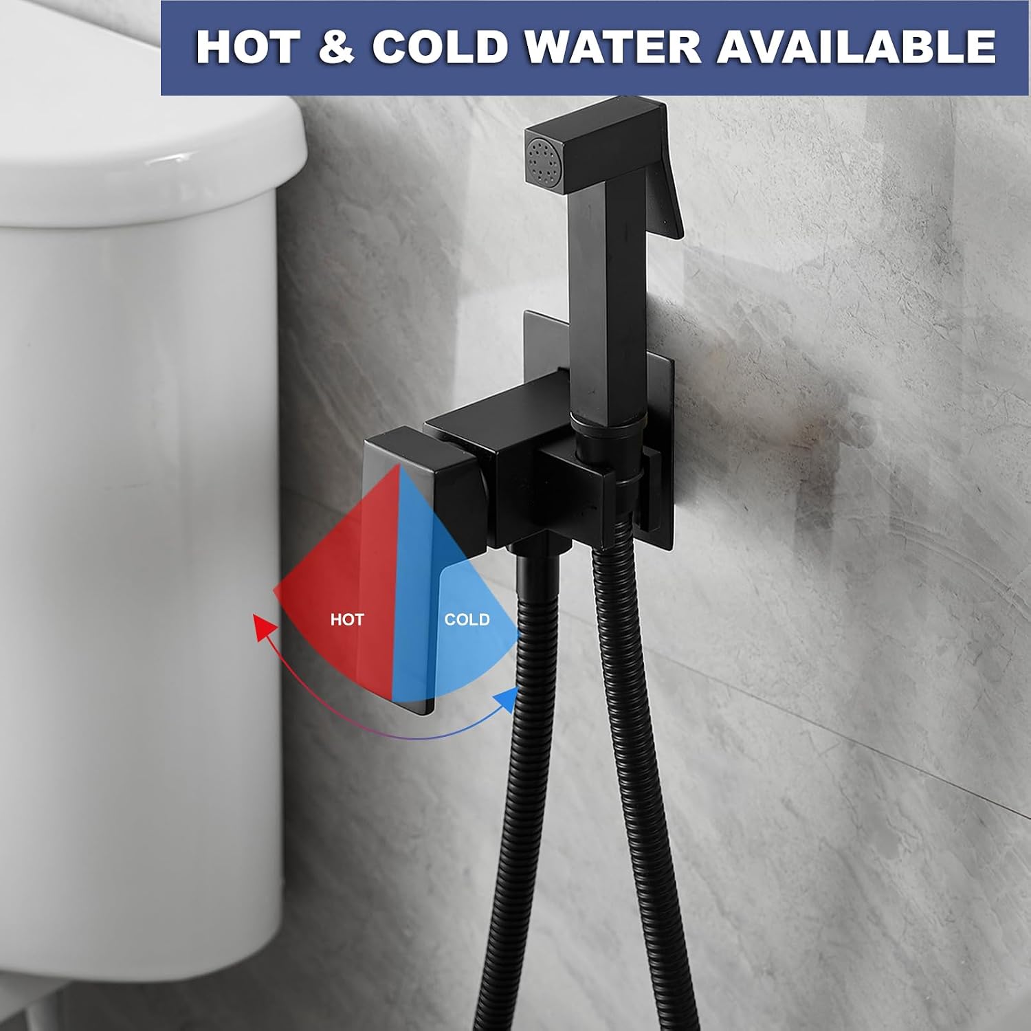 Warm Water Bidet Sprayer Faucet for Toilet with Hot and Cold Brass Valve, Stainless Steel Square Handheld Bidet Attachment Set, Wall Mounted, Matte Black