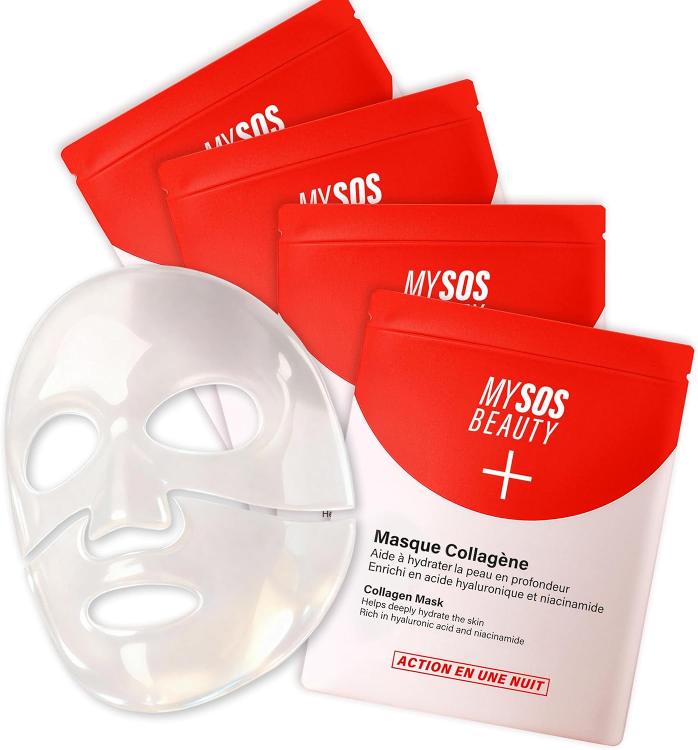 Pack of 4 My SOS Beauty Bio-Collagen Masks – 4 x 40 g Hydrogel Face Masks Glass Skin with Marine Collagen & Hyaluronic Acid Highly Concentrated – Intense Hydration, Tightens Pores
