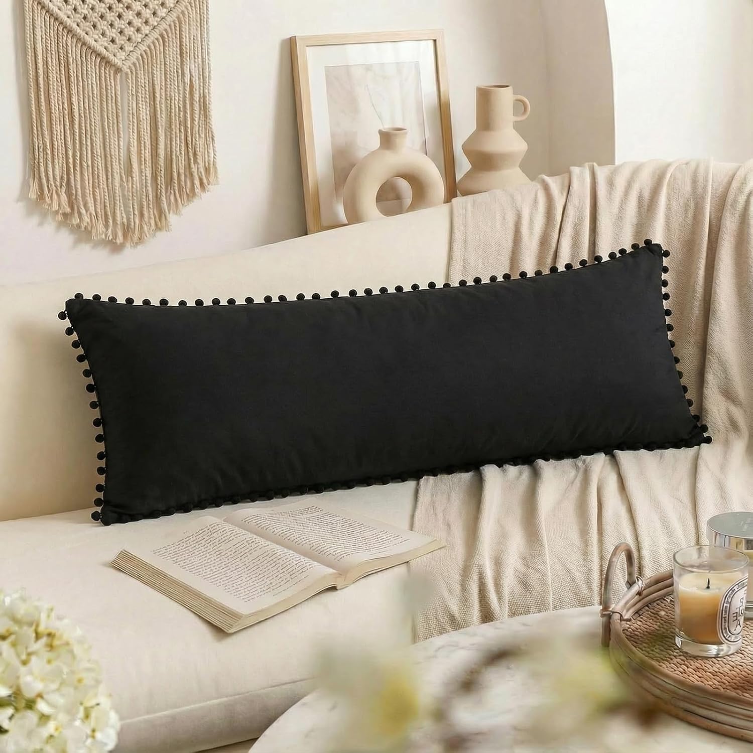 Black Body Pillow Cover 20x54 Boho Chic Pom Poms Fringe Decor Black Body Pillow Case Cover with Pocket Closure