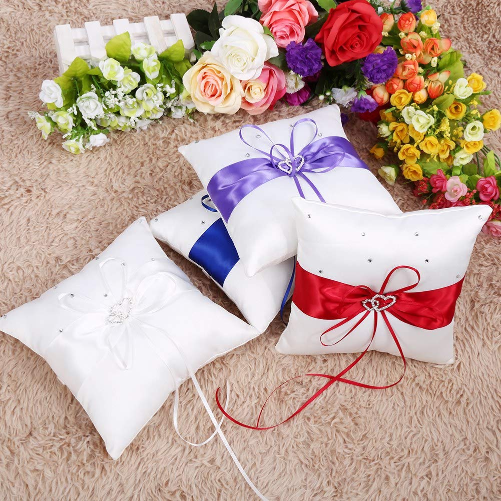 Coussin Porte-Alliances Mariage Élégant 20x20 Cm – Blanc Avec Nœud Papillon Et Strass, Idéal Cérémonie & Fiançailles