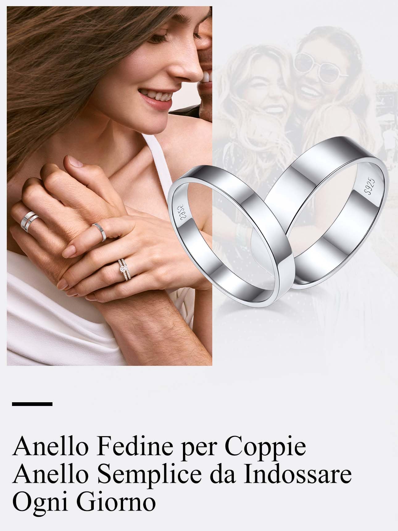 Bestyle Anelli Coppia Donna Uomo 925 Argento a Fascia 3mm/5mm Misura 7-27
