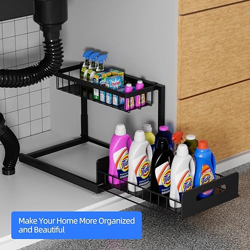 Miniatura 5 de Organizador deslizante de 2 niveles para debajo del fregadero, paquete de 2 estantes de almacenamiento extraíbles con cajón deslizante de