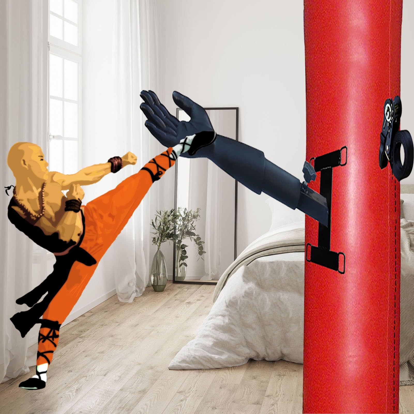 Uomo di Legno Wing Chun Manichino da Allenamento Wing Chun a 3 Braccia in Legno Massello, Manichino di Legno Freestanding Wing Chun per Sacco di