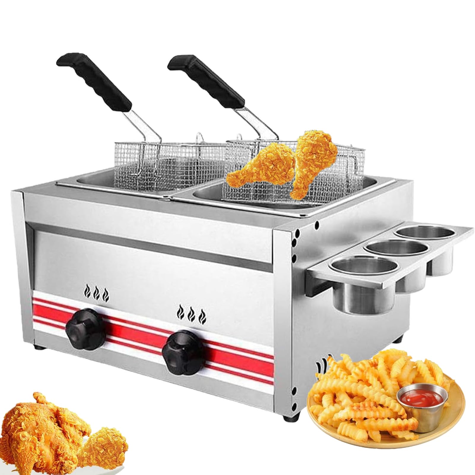 Friggitrice a gas, grande capacità, in acciaio inox, per uso domestico e commerciale, potenza di fuoco regolabile con cestini e coperchi, perfetta per patatine, ciambelle e pesce