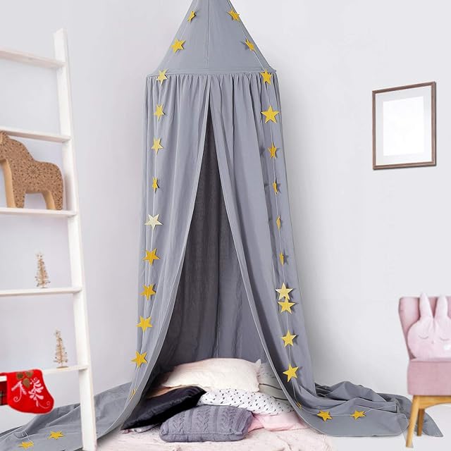 CeeKii Bed Canopy,Kids Nursery Room Decorations,Round Dome Mosquito Net,Play Tent Crib Nook for Babies Children's Bedroom DIY with Free Stars,Hight 94.5 inches (Grey)