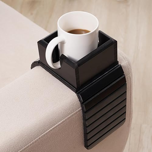 Miniatura 6 de GEHE Soporte para tazas de sofá de bambú, bandeja de brazo de sofá antiderrames, natural y fácil de limpiar, bandeja para reposabrazos perfecta para