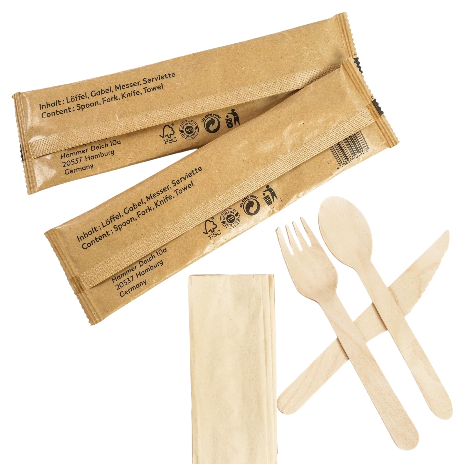 100 Holz-Besteckset – Gabel, Messer, Löffel & Serviette – umweltfreundliches nachhaltiges Besteck aus Birkenholz, Biologisch abbaubar, lebensmittelecht