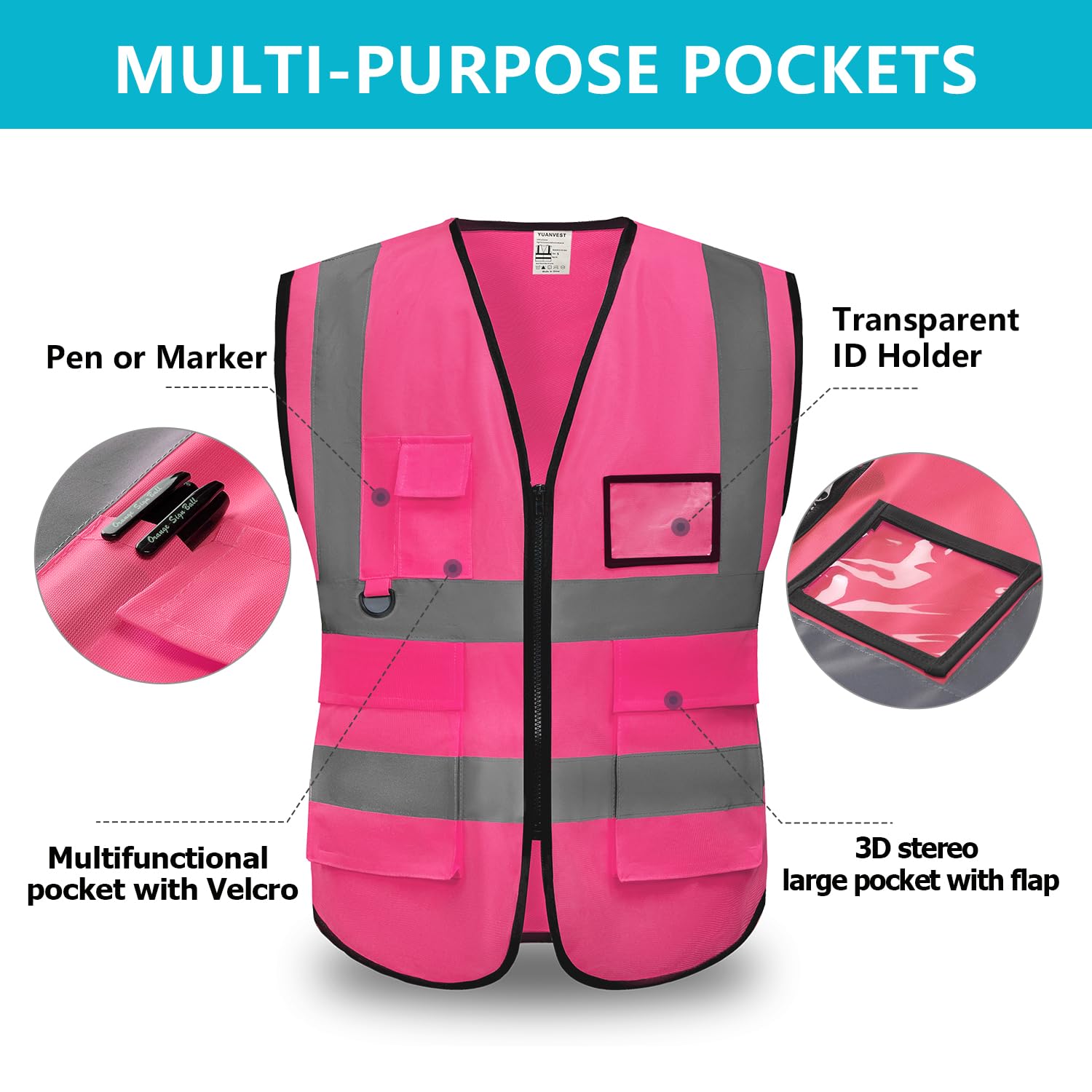Hi Vis Vests for Men Women 5 Pockets,High Visibility Reflective Safety Security Vest,2-inch Reflective Strip High Visibility Vest,Meets ANSI/ISEA Standards (Pink-Cloth - Image 4