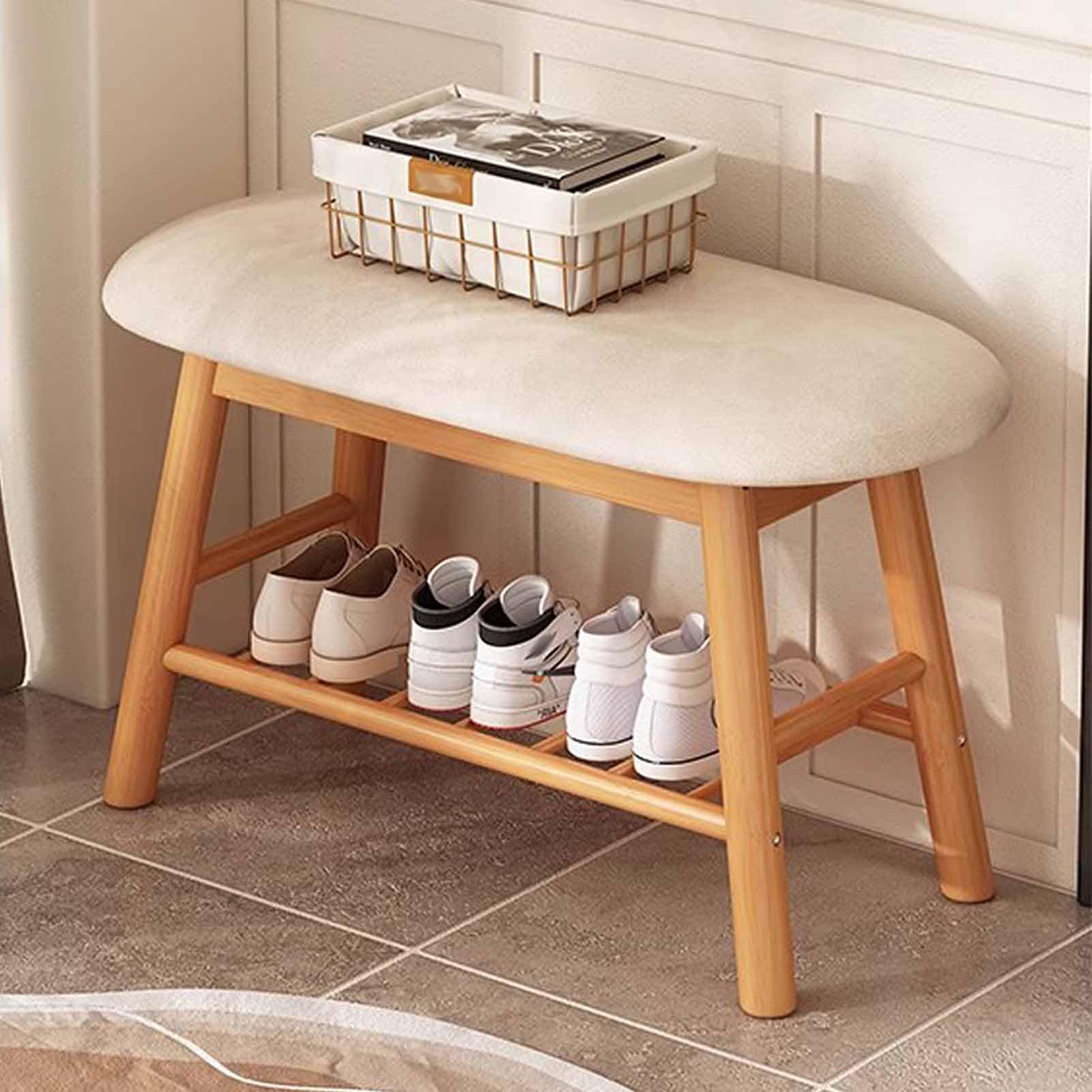 Organiseur rangement chaussures bambou 2 niveaux avec banc lin couloir