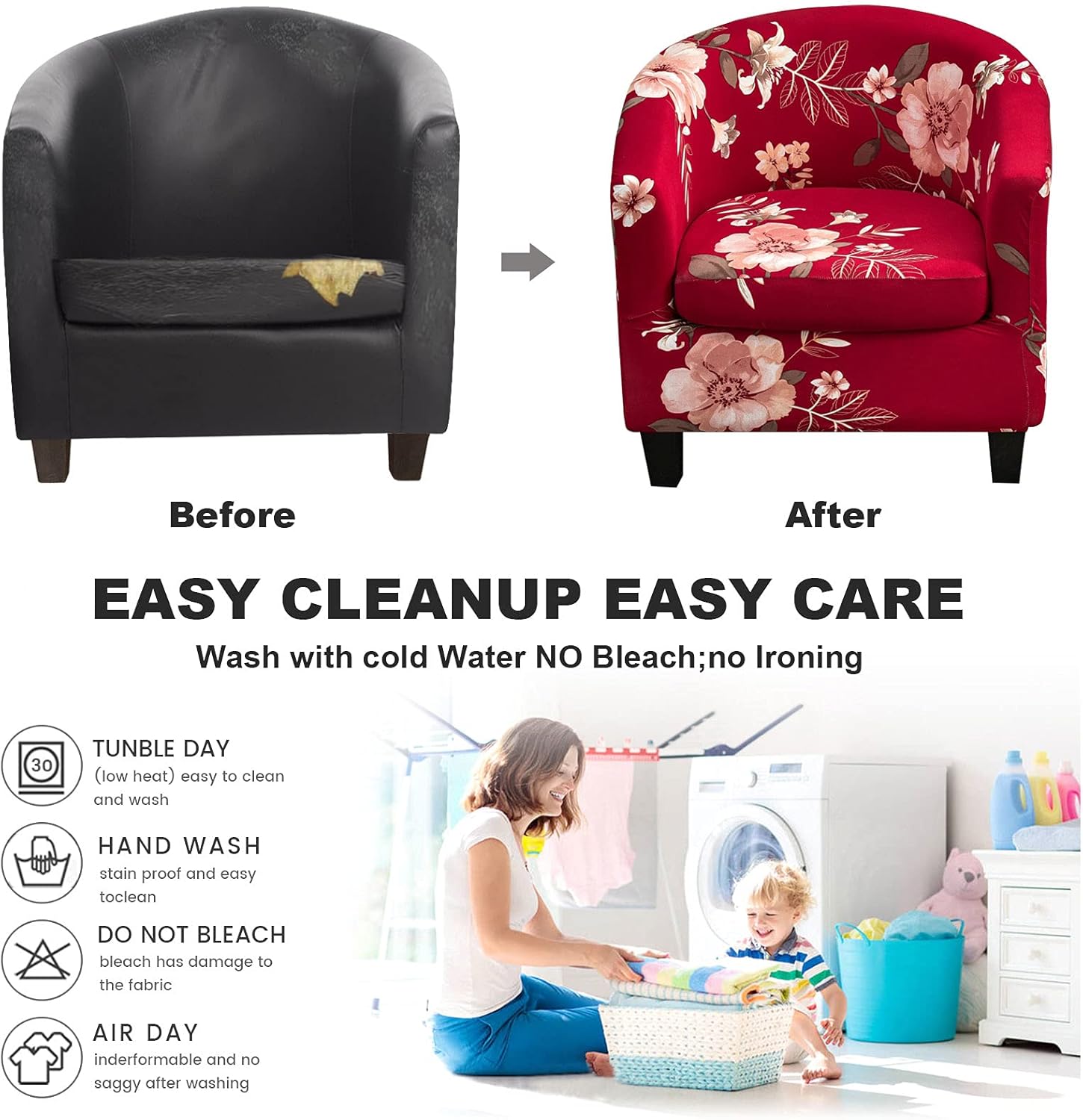 ele ELEOPTION Stretch Club Chair Slipcover 2-Piece Tub Chair Cover Non Slip Furniture Protector with Elastic Bottom Super Soft Couch Cover for Hotel Bar Counter Living Room (Red)