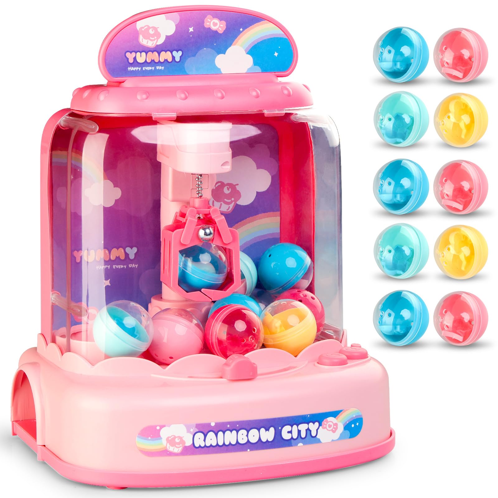 Mini Claw Machine for Kids 4-8|Electronic Arcade Game Indoor Toy with Music & Light|Candy Grabber & Prize Dispenser Vending Machine|Best Birthday Gifts for 3 5 6 7 9 Year Old Girls(10 Gashapons)