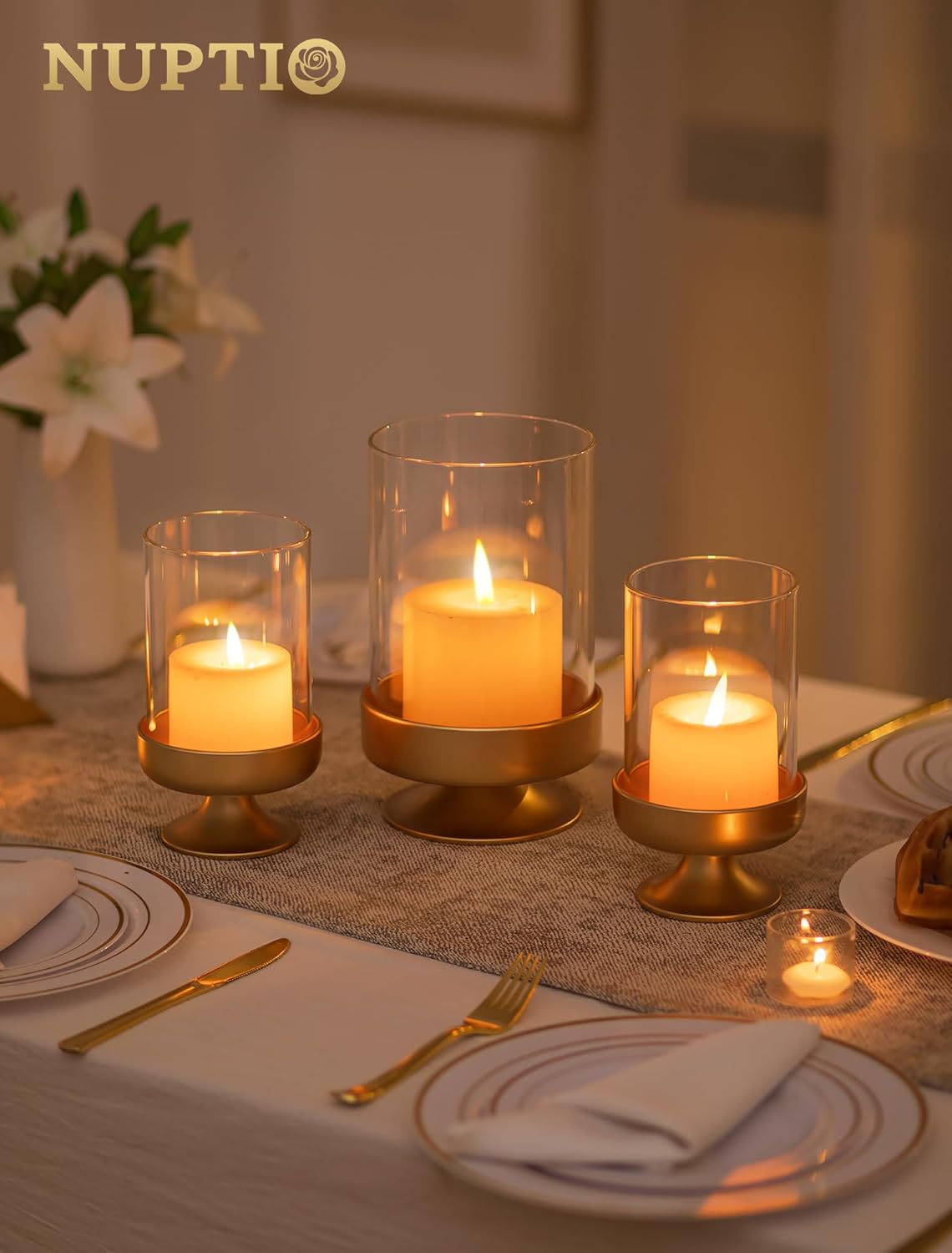 NUPTIO Candle Holders for Pillar Candles: Gold Large Holders with Hurricane Glass Sleeve for Outdoor - Brass Stands Set of 3 for Fireplace Table Centerpiece
