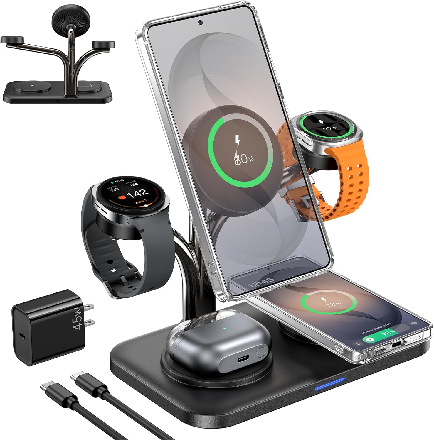 Meifigno 45W 5 in 1 Magnetic Charging Station for Samsung, Dual Phone & Galaxy Watch Wireless Charger Stand, Fast Mag-Safe Charger for Galaxy S26 Ultra/S25/Z Fold7/Flip7, Galaxy Watch Ultra/8/7 & Buds