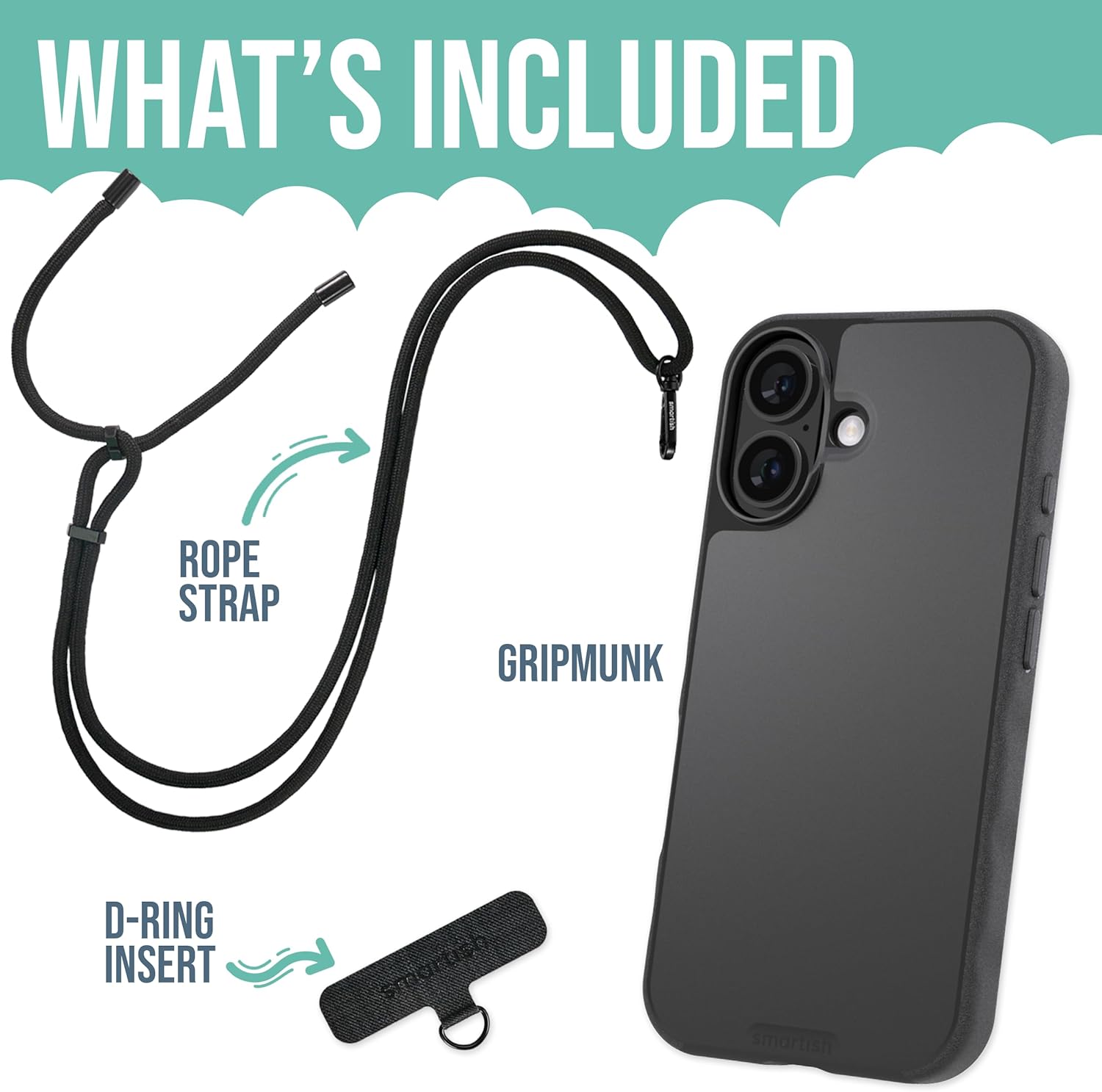 Smartish® iPhone 16 MagSafe Case with Crossbody Lanyard Strap - Gripmunk - [Slim + Protective] Magnetic Slim Case with Universal Detachable Shoulder Neck Strap - Black Tie Affair