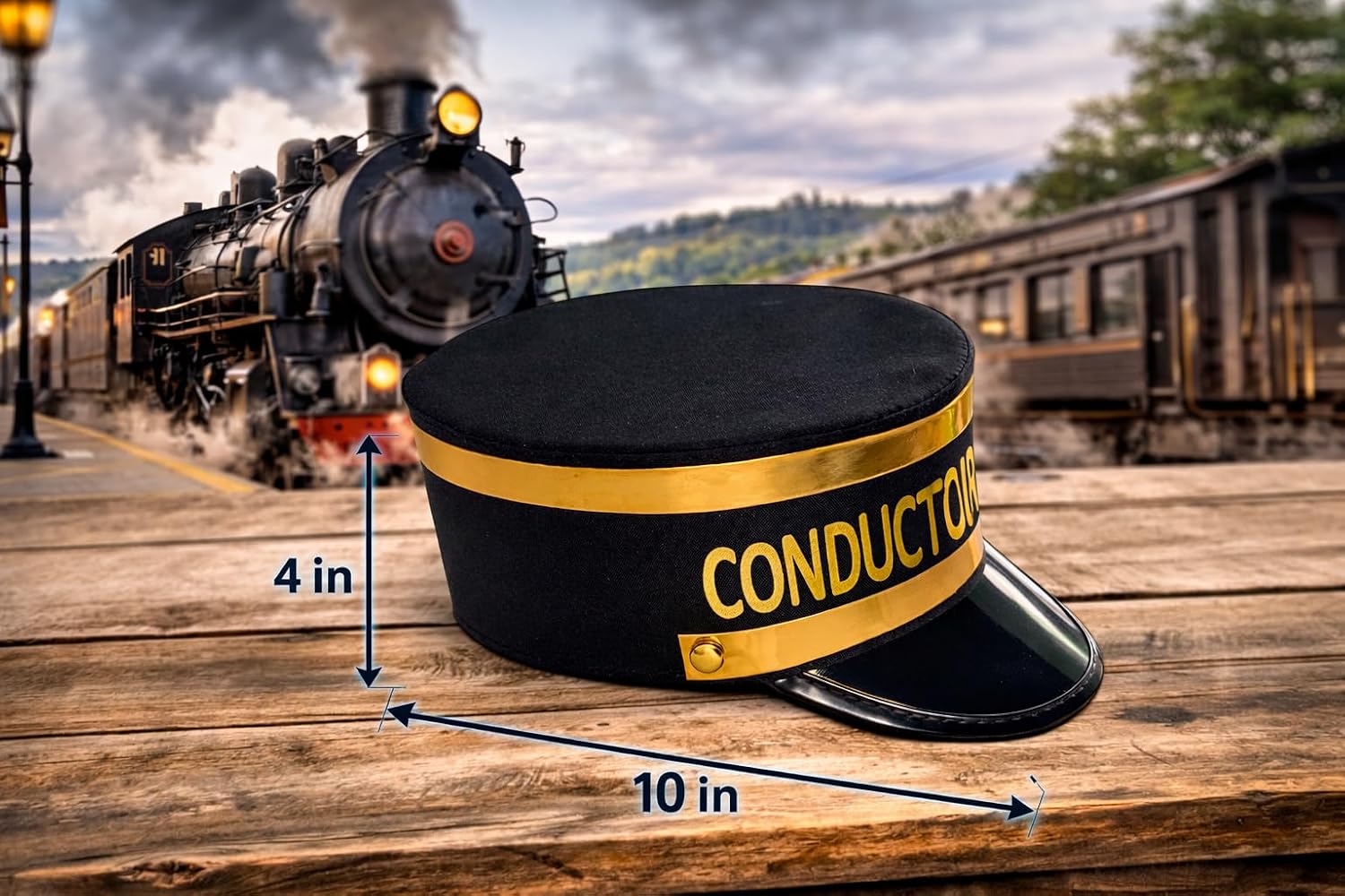 Conductor Hat | Train Engineer Hat | Train Cap | Railroad Engineer Hats | Railway Engineering Caps | Trains Costume Accessories | Railway Engineers Costume Accessory | Black/Gold | Adjustable