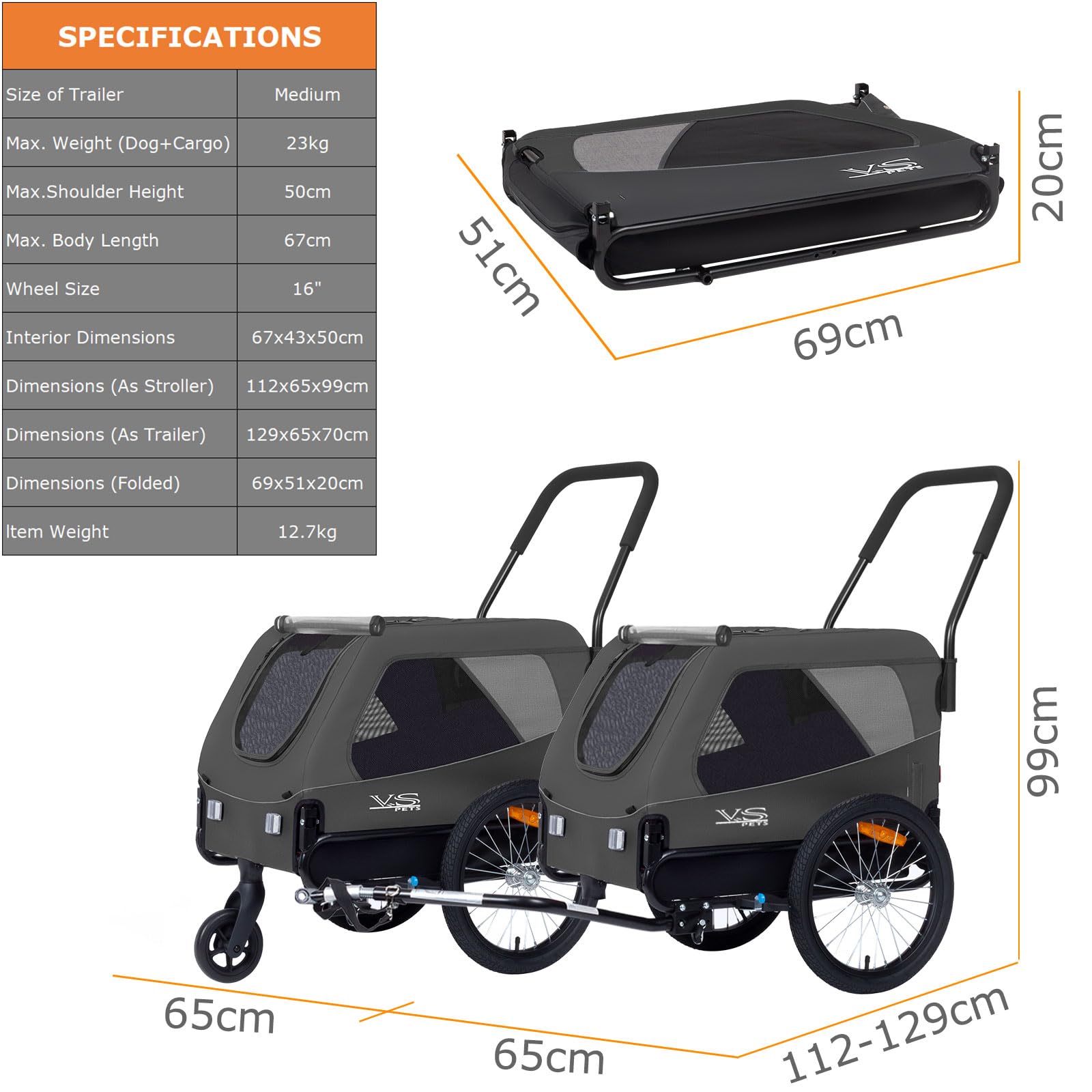Tiggo VS Pets Medium Hundeanhänger & Buggy 2in1 Fahrradanhänger Hundebuggy Jogger 80204