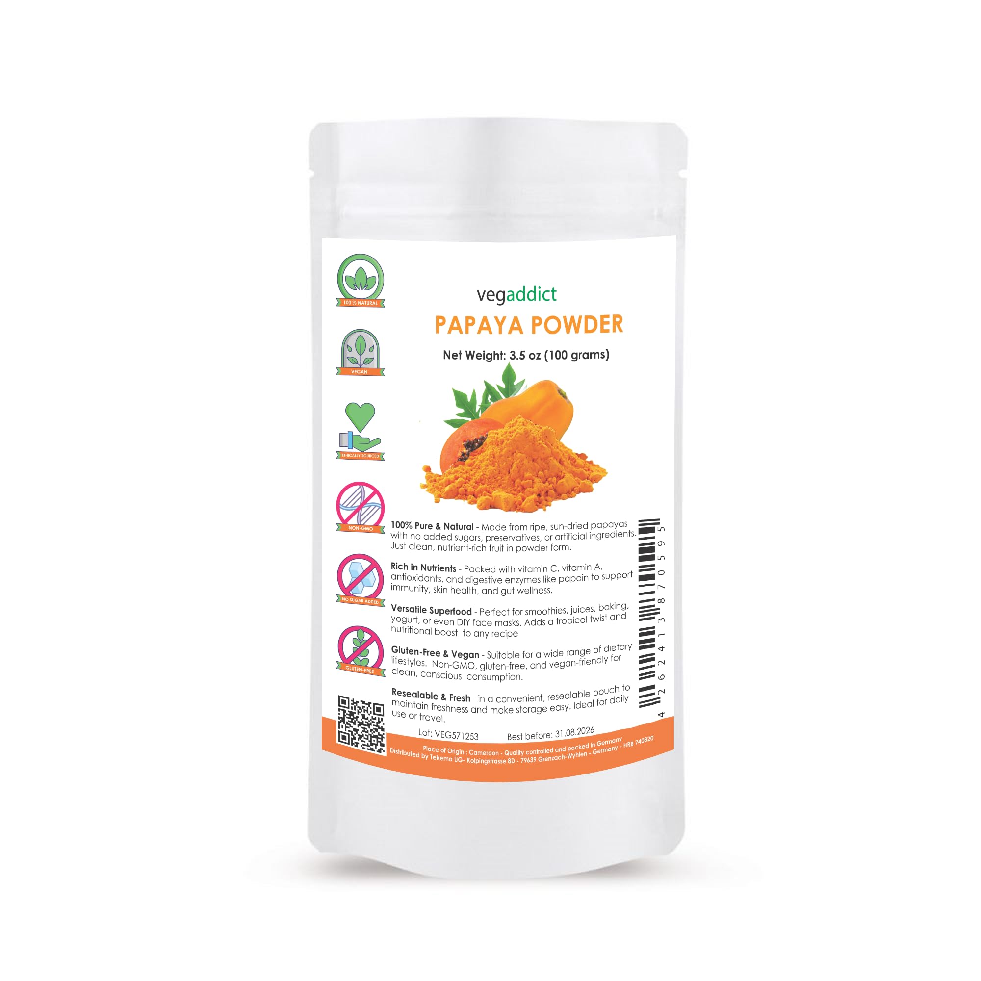 Papaya Fruit Powder – Natural Digestive Support – Raw, Non-GMO, No Additives – Smoothie & Baking Ingredient (3.5 oz (100g))