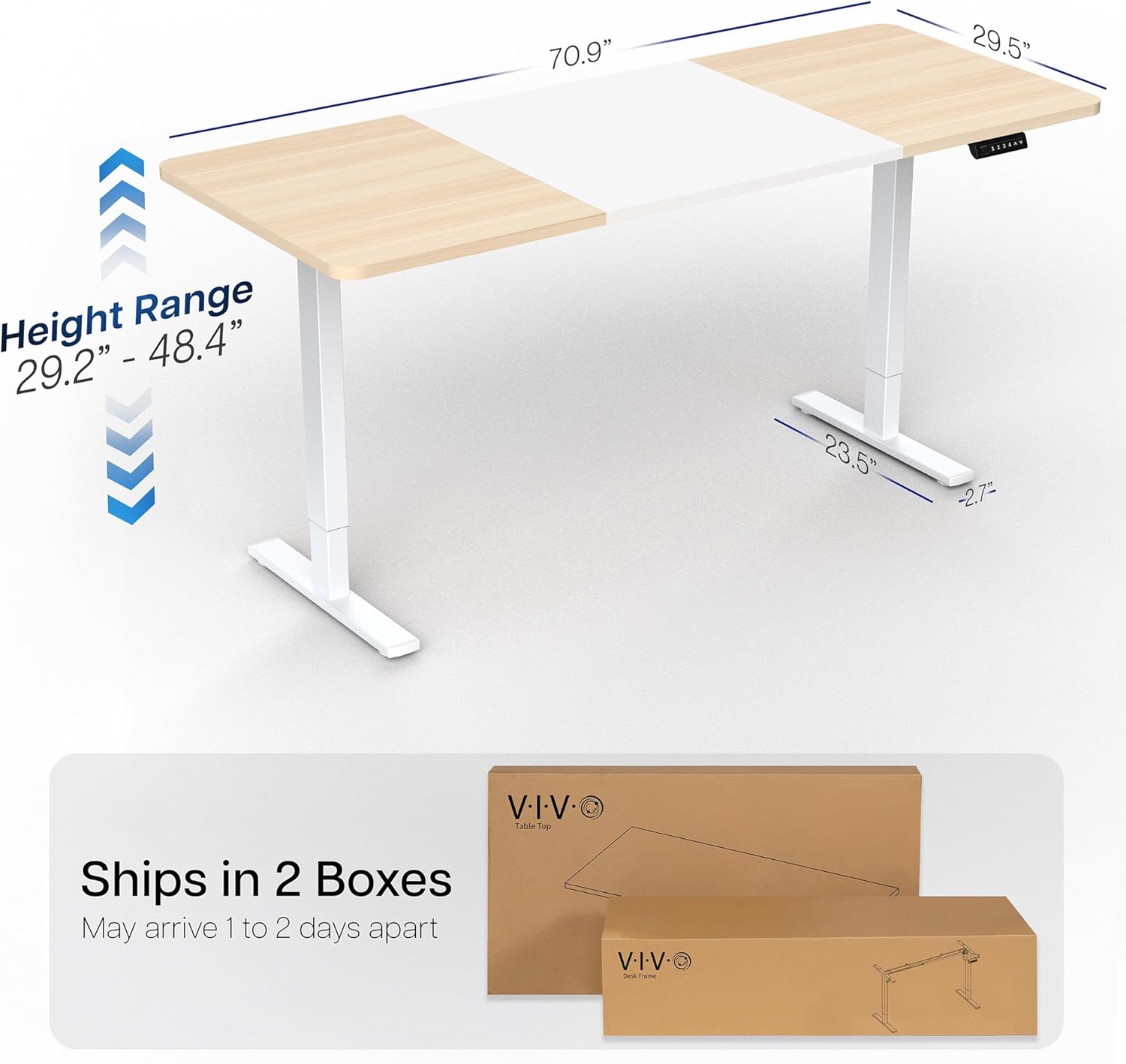 VIVO Electric 71 x 30 in Standing Desk, Memory Height Adjustment, 1B Series, Holds 220 lbs, White and Light Wood Top, White Frame, DESK-KIT-1W7WC thumbnail