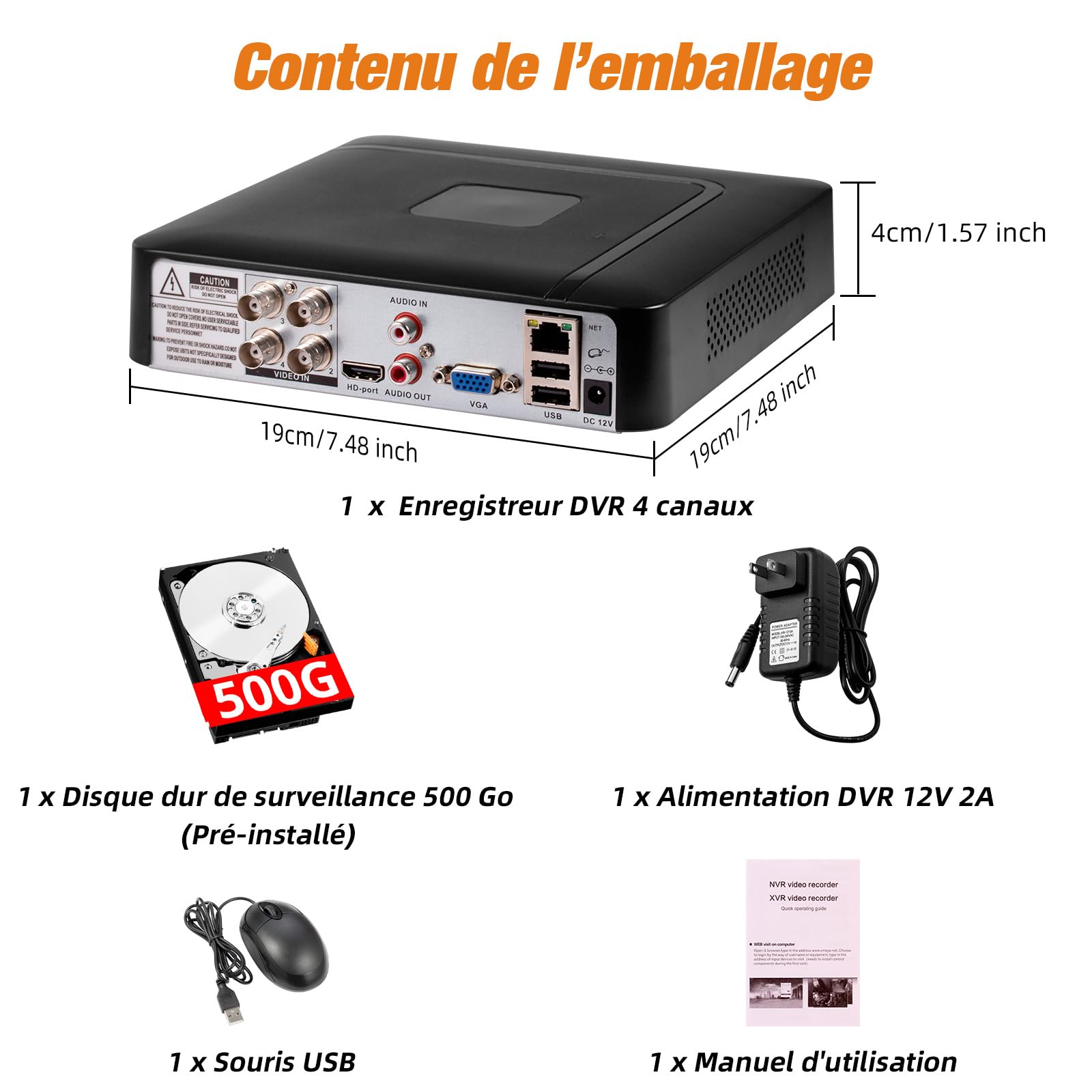 DVR de Surveillance CCTV 4CH avec Disque Dur de 500GBDVR 5MP H.265+ Supporte Caméras AHD/TVI/IP, Surveillance Domicile avec Accès Mobile/PC (P-System)