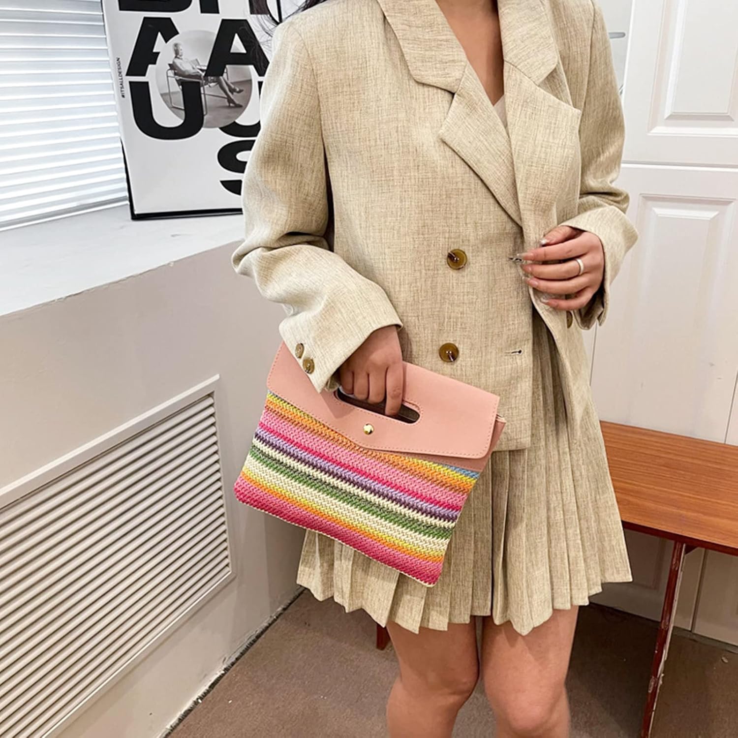 Tote Bag for Women, Straw Clutch Purses, Pink Purse, Leather Carry Handle Envelope Package, Bohemian Colorful Hand Knitting Handbags, Beach Bag Suitable for Beach, Travel, Daily Matching (Pink)