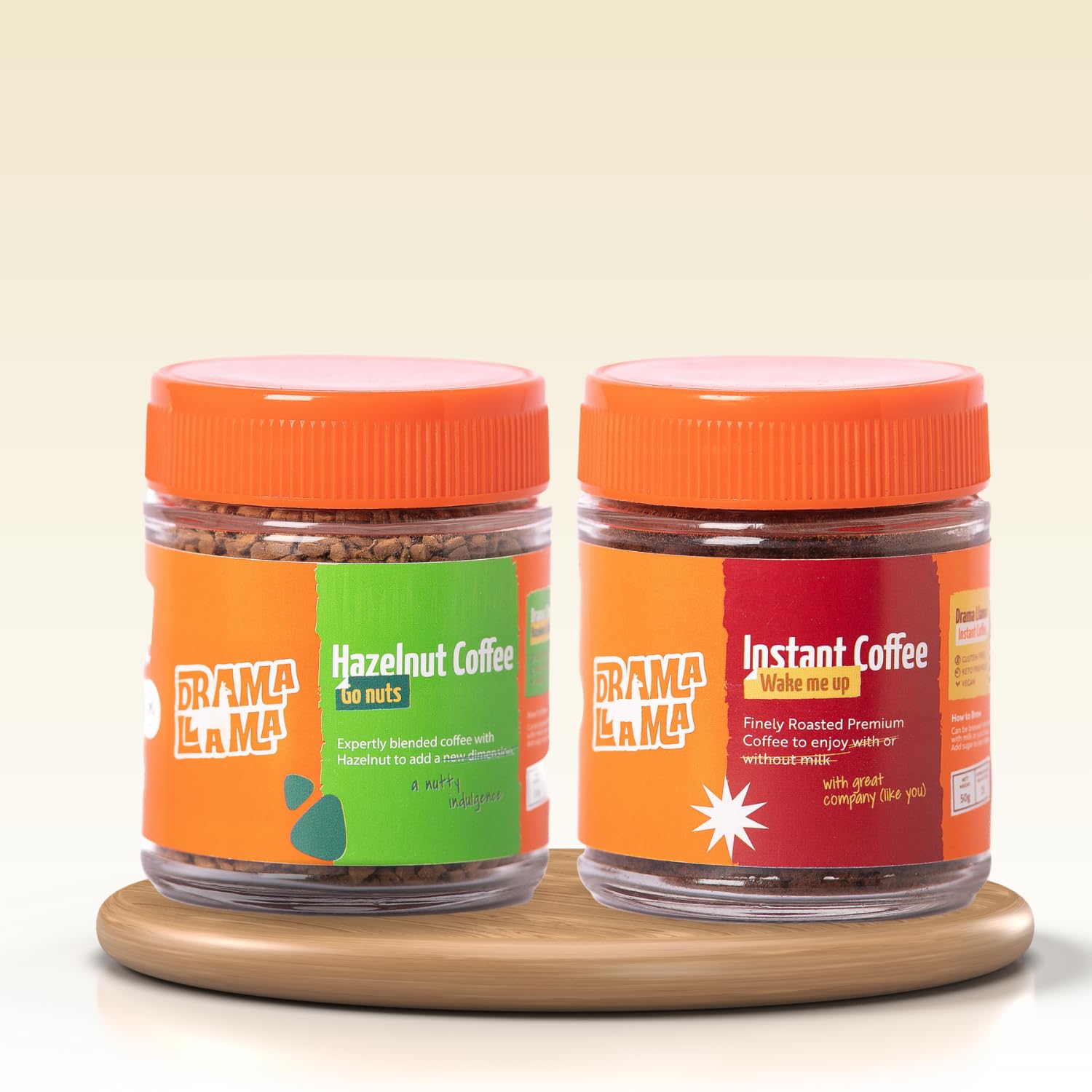 Drama Llama Regular & Hazelnut - Flavored Instant Coffee Powder for both Hot & Cold Coffee 50gm Each (Pack of 2) | 100% Single Origin Arabica Coffee Beans Powder | Freeze-dried Premium Instant Coffee