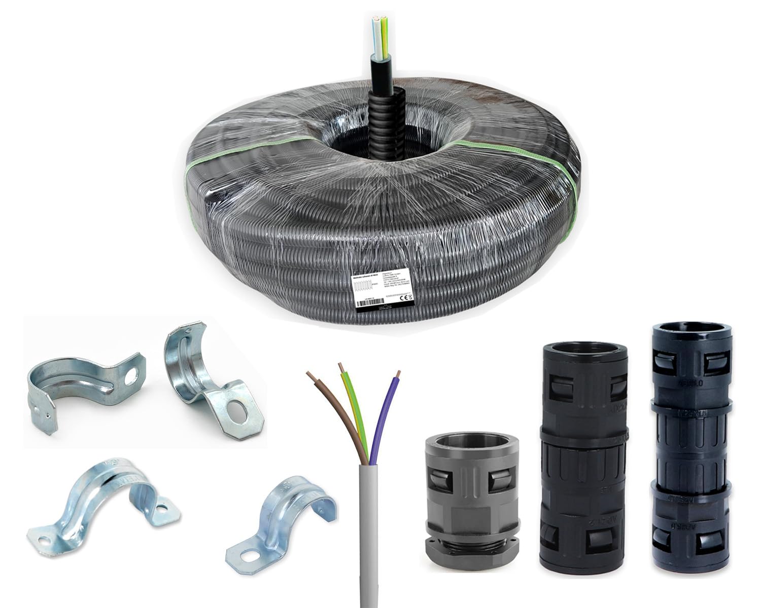 Tubo corrugado para protección de cables, tubo vacío, tubo de plástico, diámetro M20 y M25, conector de tubo, manguito de conexión, abrazadera de fijación, instalación eléctrica (NYM 5 x 2,5 mm, 100