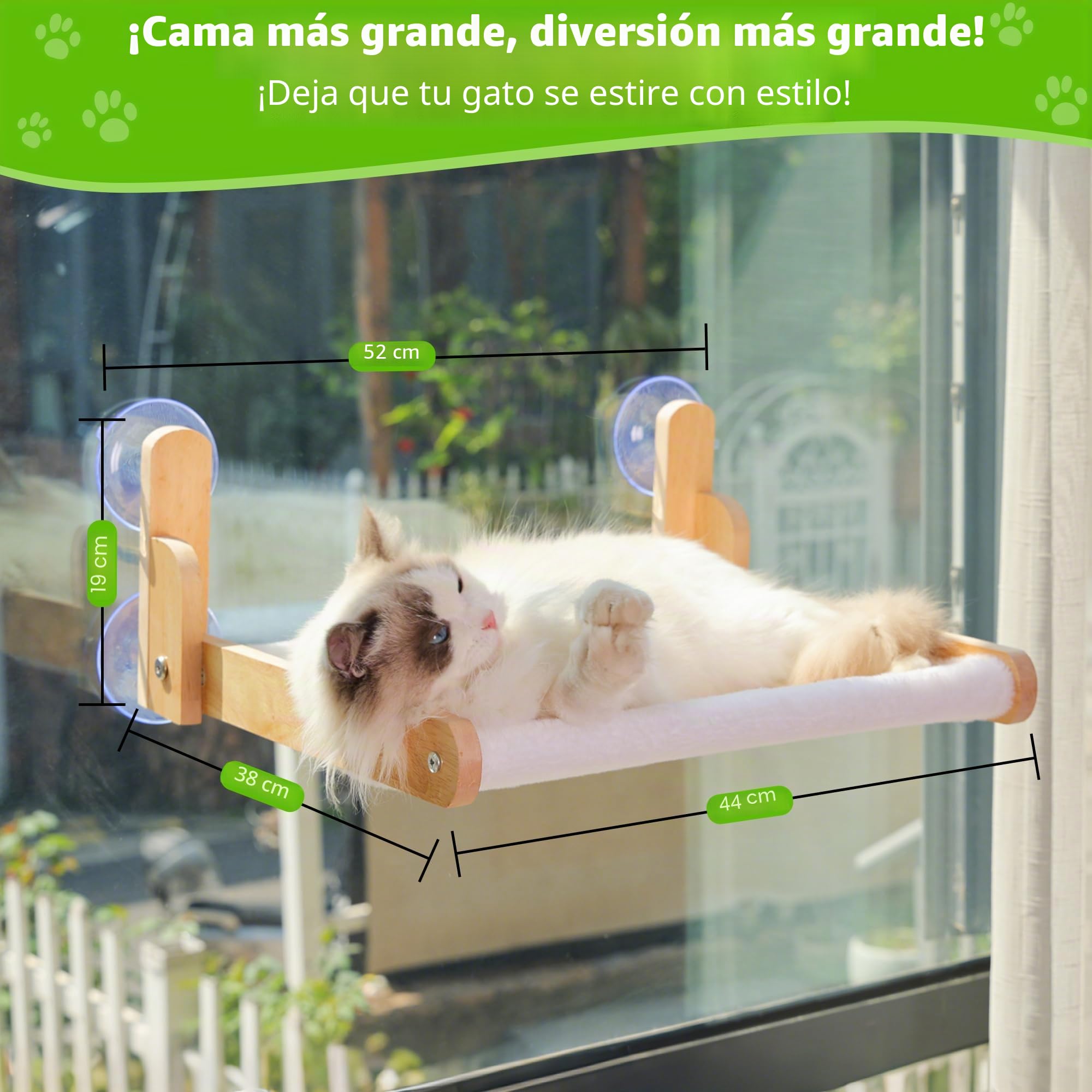 Percha de ventana para gatos con marco de madera - Cama plegable para gatos de interior, cubierta de piel de conejo suave, lavable, ventosas fuertes, sin taladrar, soporta gatos grandes