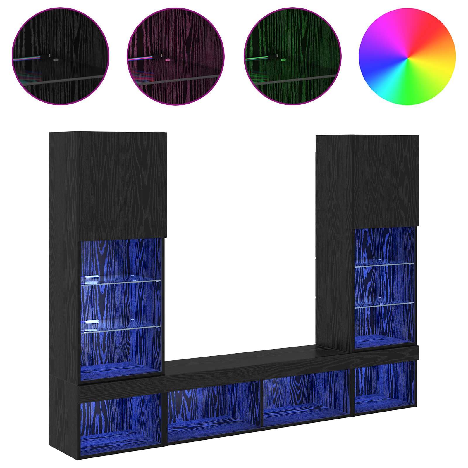 Zestaw ścienny do telewizora z diodami LED, 5-częściowy zestaw z materiału drewnopochodnego w kolorze czarnym o wyglądzie dębu, 40,5 x 30 x 102 cm, nie zajmuje dużo miejsca do przechowywania